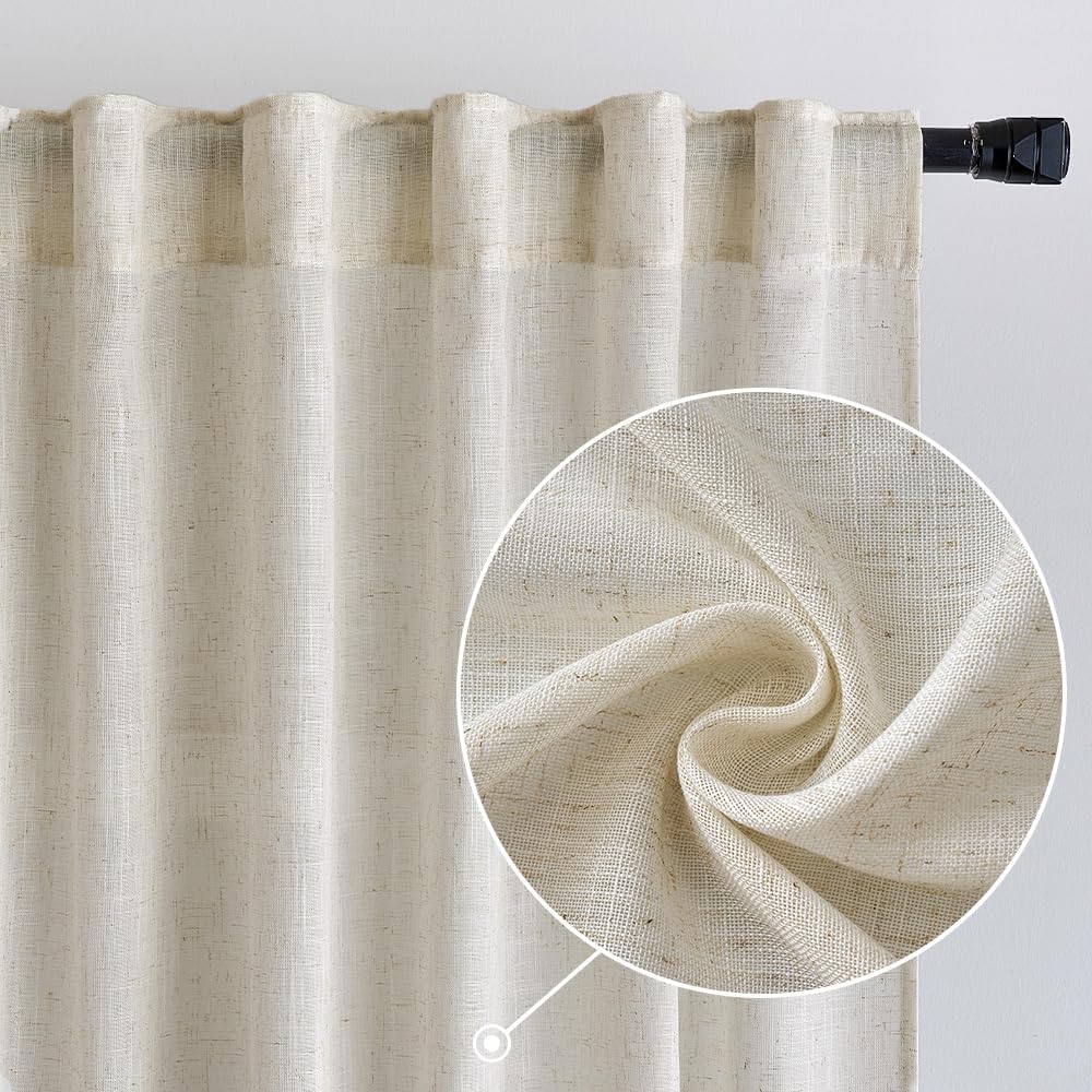 MIULEE Cortinas de lino de 96 pulgadas de largo para sala de estar, 2 paneles, bolsillo para barra de cortina de marfil natural, con pestaña