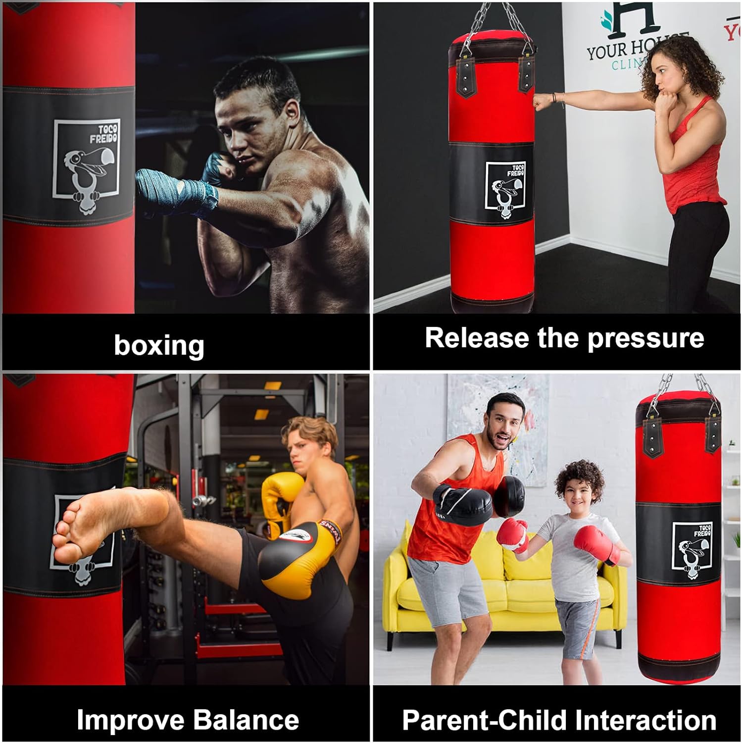 TOCO FREIDO Juego de saco de boxeo pesado sin relleno para adultos y niños, juego de kickboxing con gancho de techo, cadena de acero, bolsa pesada
