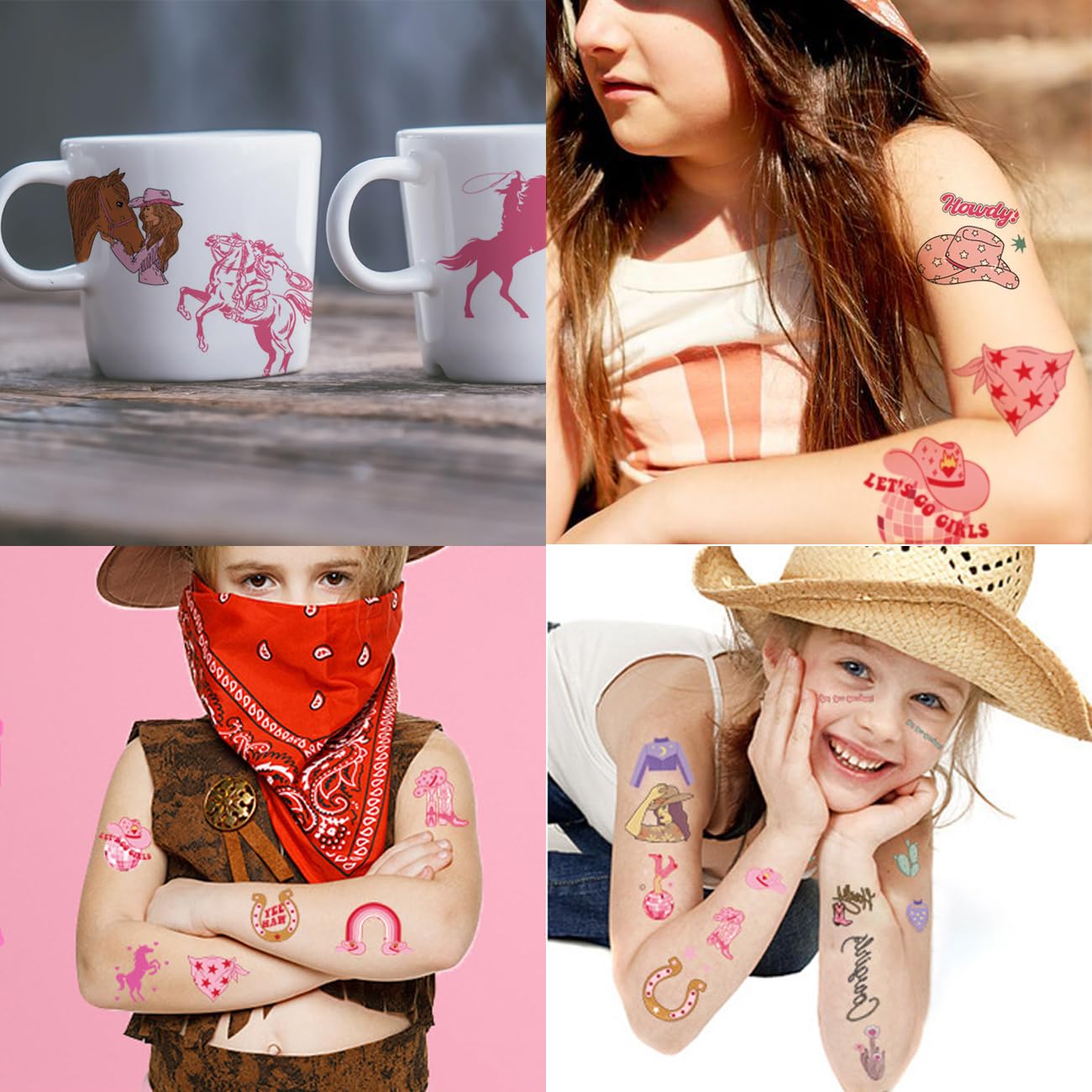 CHARLENT Tatuajes temporales de vaquera para niños, suministros de fiesta, tatuajes temporales de vaquera occidental para niñas, regalos de fiesta