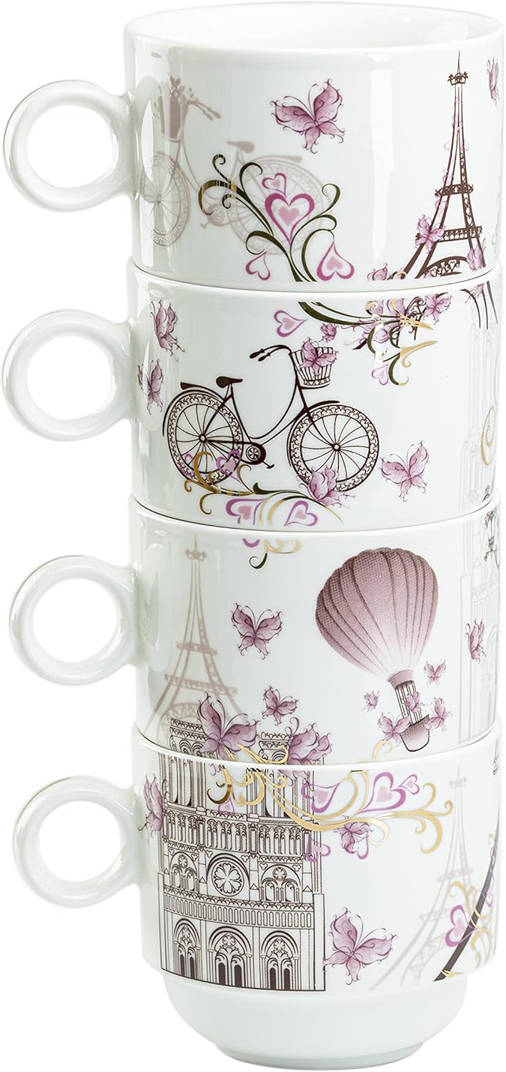 Juego de 4 tazas apilables de café y té de 10 onzas con soporte de metal blanco (Torre Eiffel de París, oro rosa)