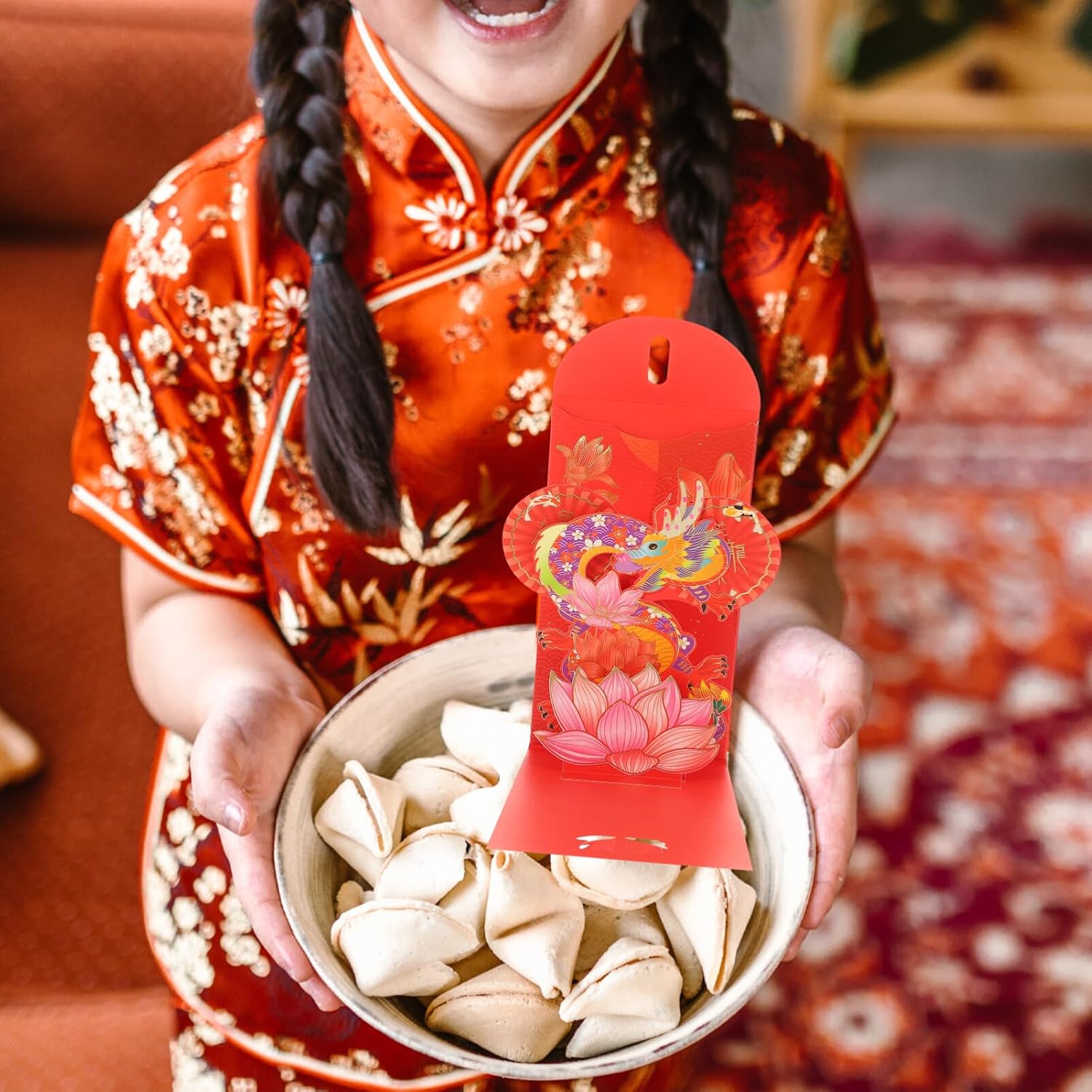 Vaguelly Sobres rojos de año nuevo 3D 2024, 4 unidades, loto chino, carácter, año del dragón, Fengshui, Fortuna, sobre Hong Bao Lucky Money Red