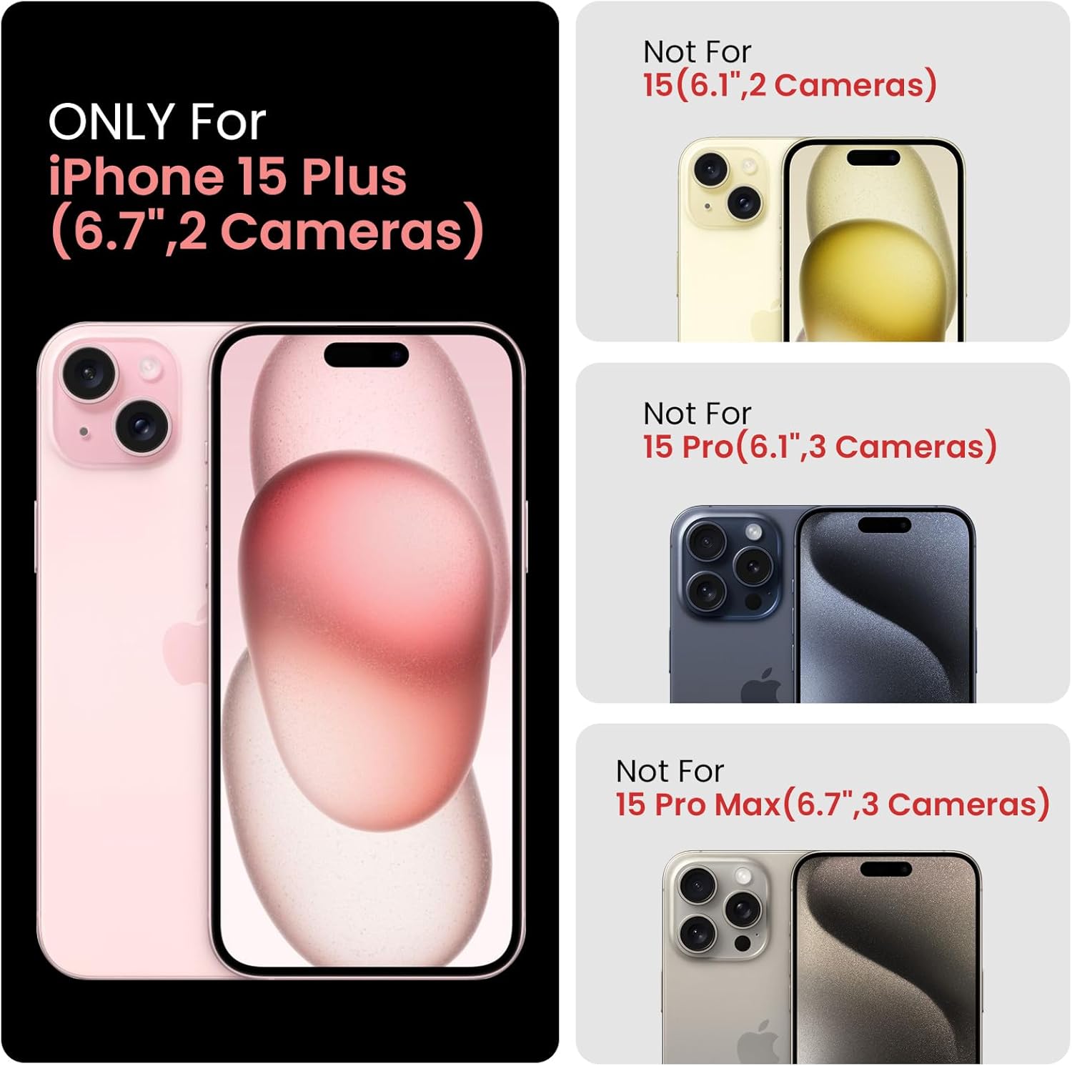 FireNova Funda diseñada para iPhone 15 Plus, funda de silicona mejorada protección de cámara con 2 protectores de pantalla, forro interior de
