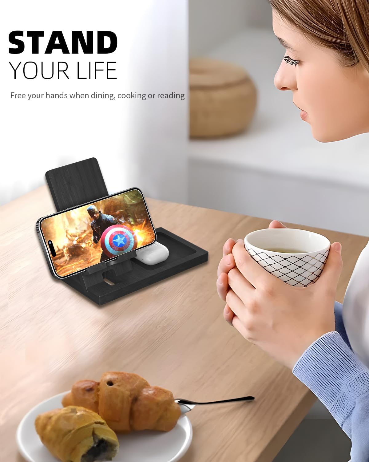 Soporte para teléfono celular, soporte portátil para teléfono, soporte transparente para escritorio (negro (con bandeja))