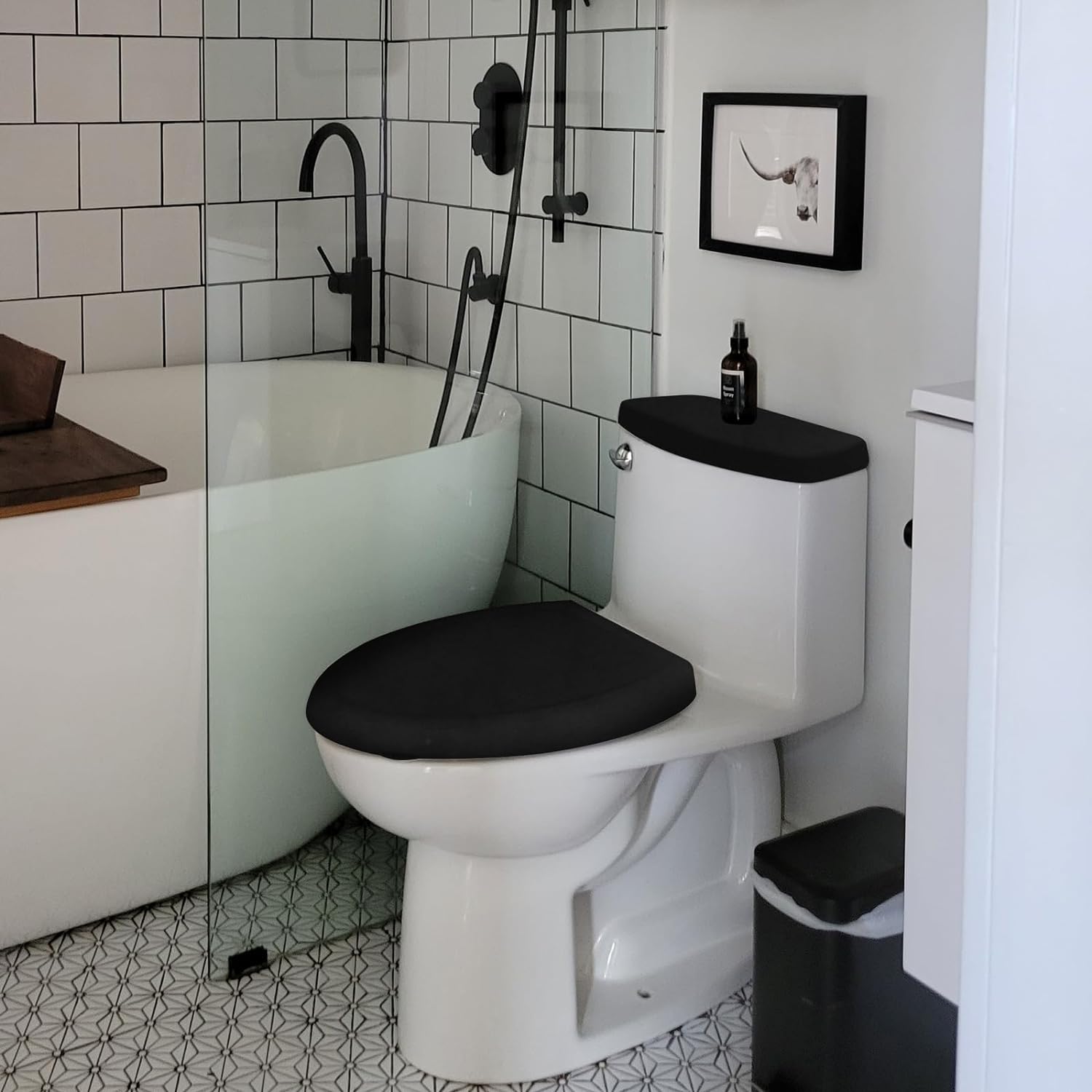 Tapa de inodoro y tapa de tanque de inodoro de repuesto con parte inferior elástica para accesorios de decoración de baño (negro)