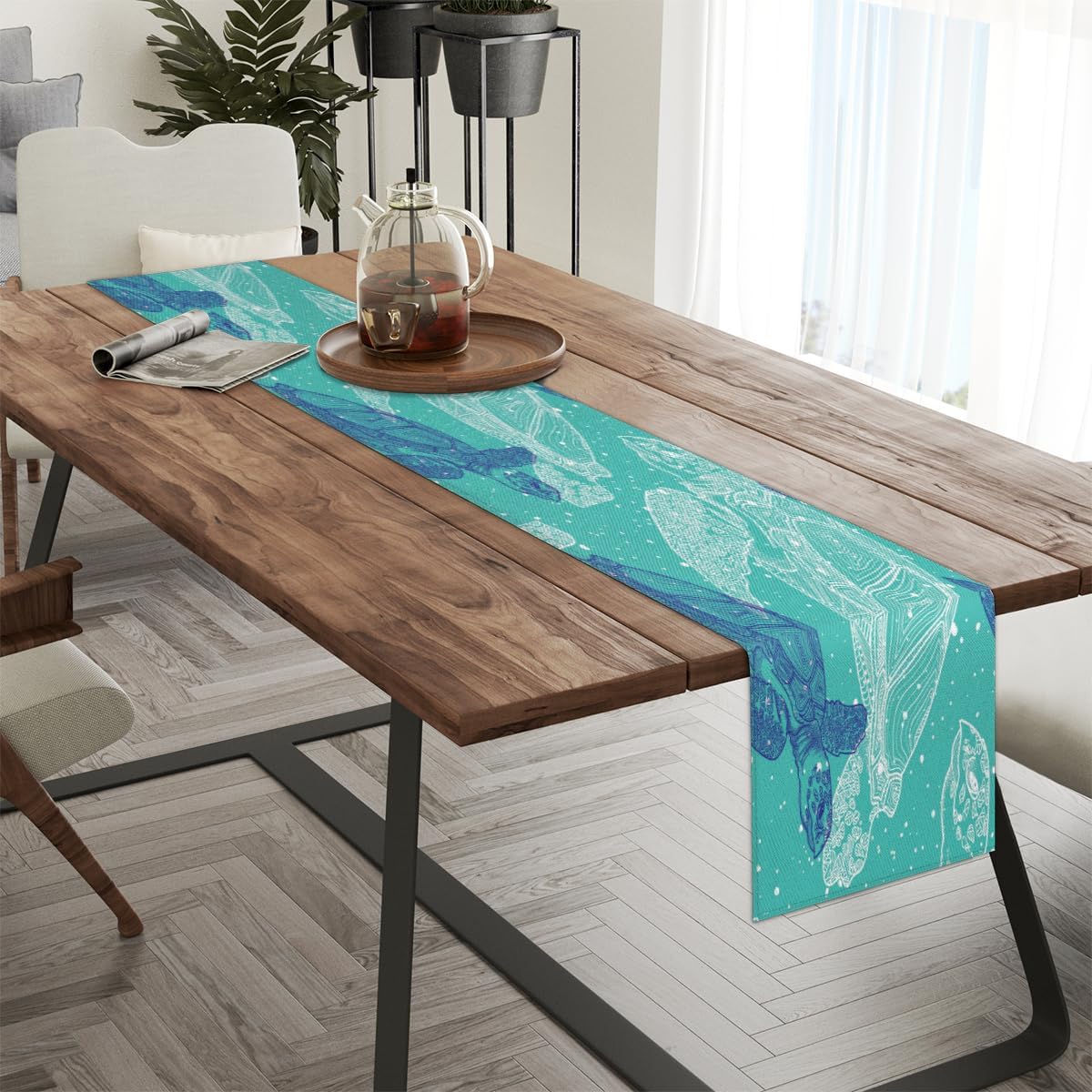 Table Runner Abstract Ocean Turtle, Rustic Linen Table Cloth, Kitchen Dining Table Decoration for Home Party Decor 13 x 48 Inches