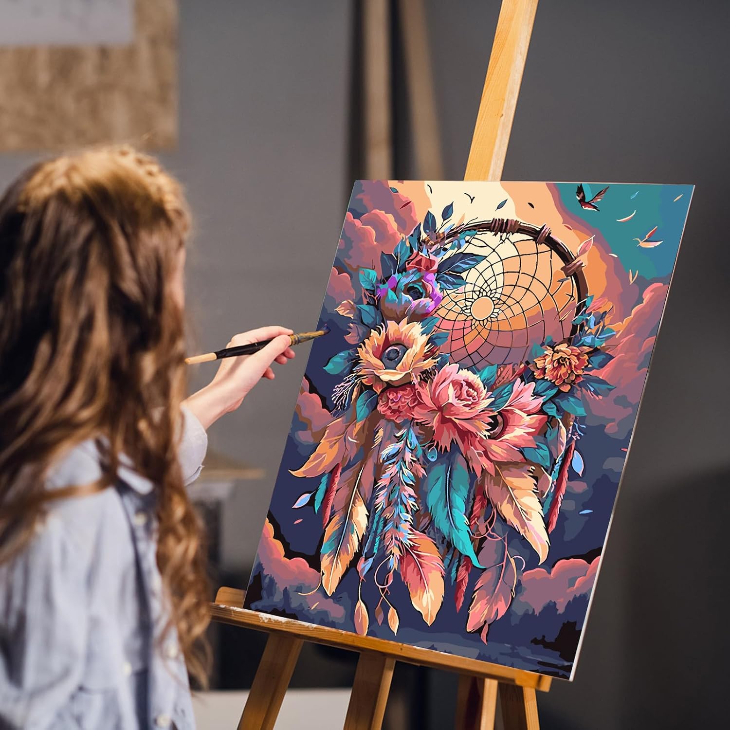 MOGTAA Atrapasueños – Pintura por números para adultos, flores coloridas por números para principiantes, pintura de bricolaje por números sobre
