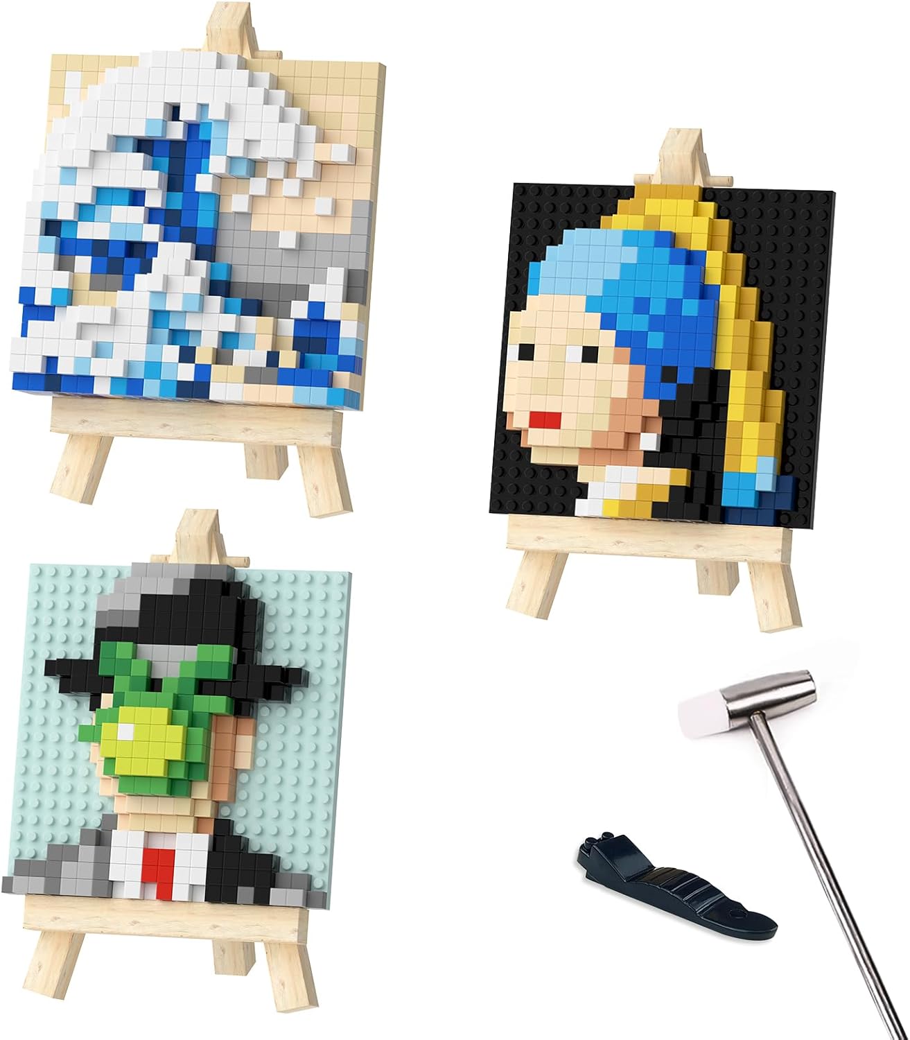 Juego de 3 bloques de construcción MOC de pintura de fama mundial, Kanagawa Surf & The Girl with the Pearl Earring & The Son of Man, con mini