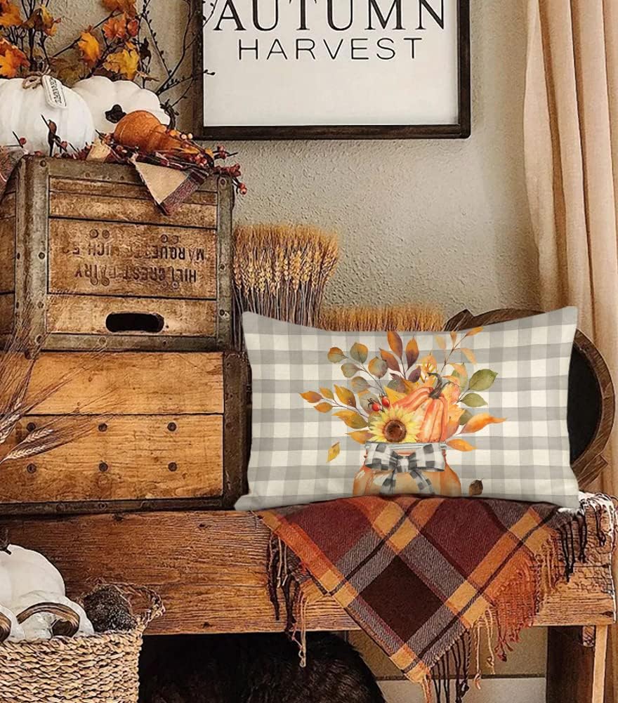 4TH Emotion Funda de almohada lumbar con tarro de hojas de otoño de 12 x 20 pulgadas, decoración de granja de búfalo, calabaza naranja, decoración