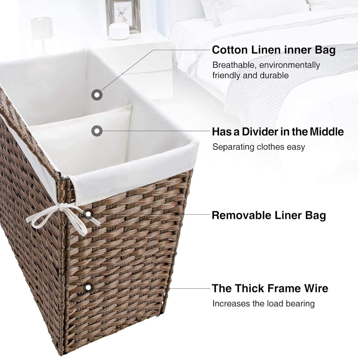 GREENSTELL Cesto para ropa sucia con ruedas, no necesita instalación, cestas tejidas a mano divididas de 90 litros y 2 bolsas de forro extraíbles,