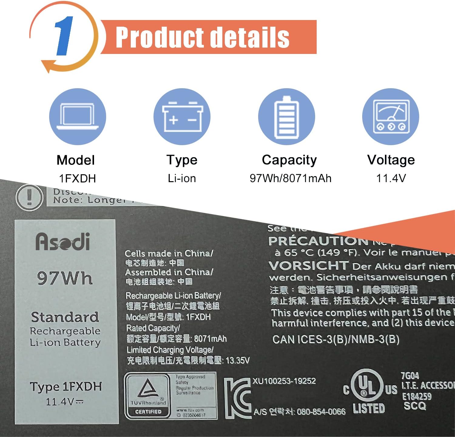 ASODI 1FXDH – Batería de repuesto para laptop Dell Latitude 5501 5511 E5501 E5511 Precision 3541 3551 Series Notebook 01WJT0 1WJT0 11.4V 97Wh 8071mAh