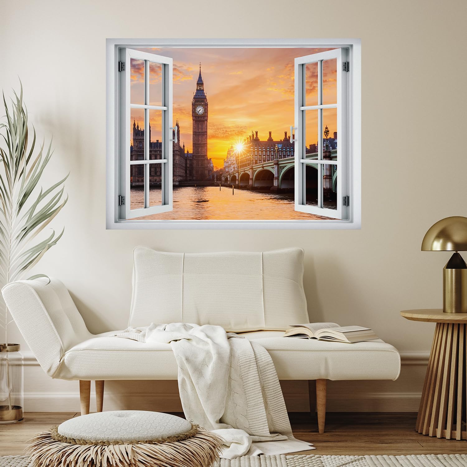 wall26 Adhesivo mural removible para pared, vista de ventana, Londres, Inglaterra, puente Big Ben al atardecer, naturaleza, desierto, fotografía,