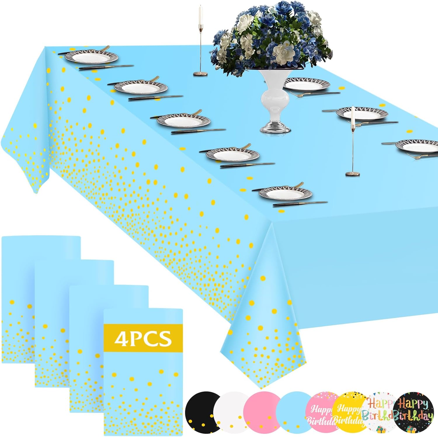 Paquete de 4 manteles de plástico desechables para fiestas, mantel azul y dorado para mesas rectangulares de 8 pies, cumpleaños, boda, graduación,