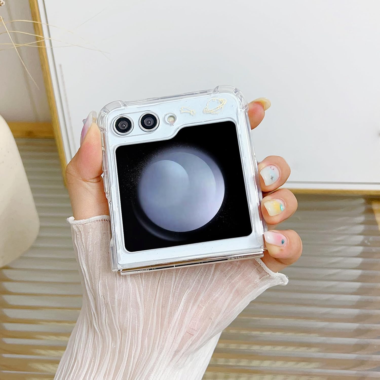 Compatible con Samsung Galaxy Flip 5 Funda transparente para mujeres y niñas, TPU suave, planeta, espacio brillante, a prueba de golpes, funda