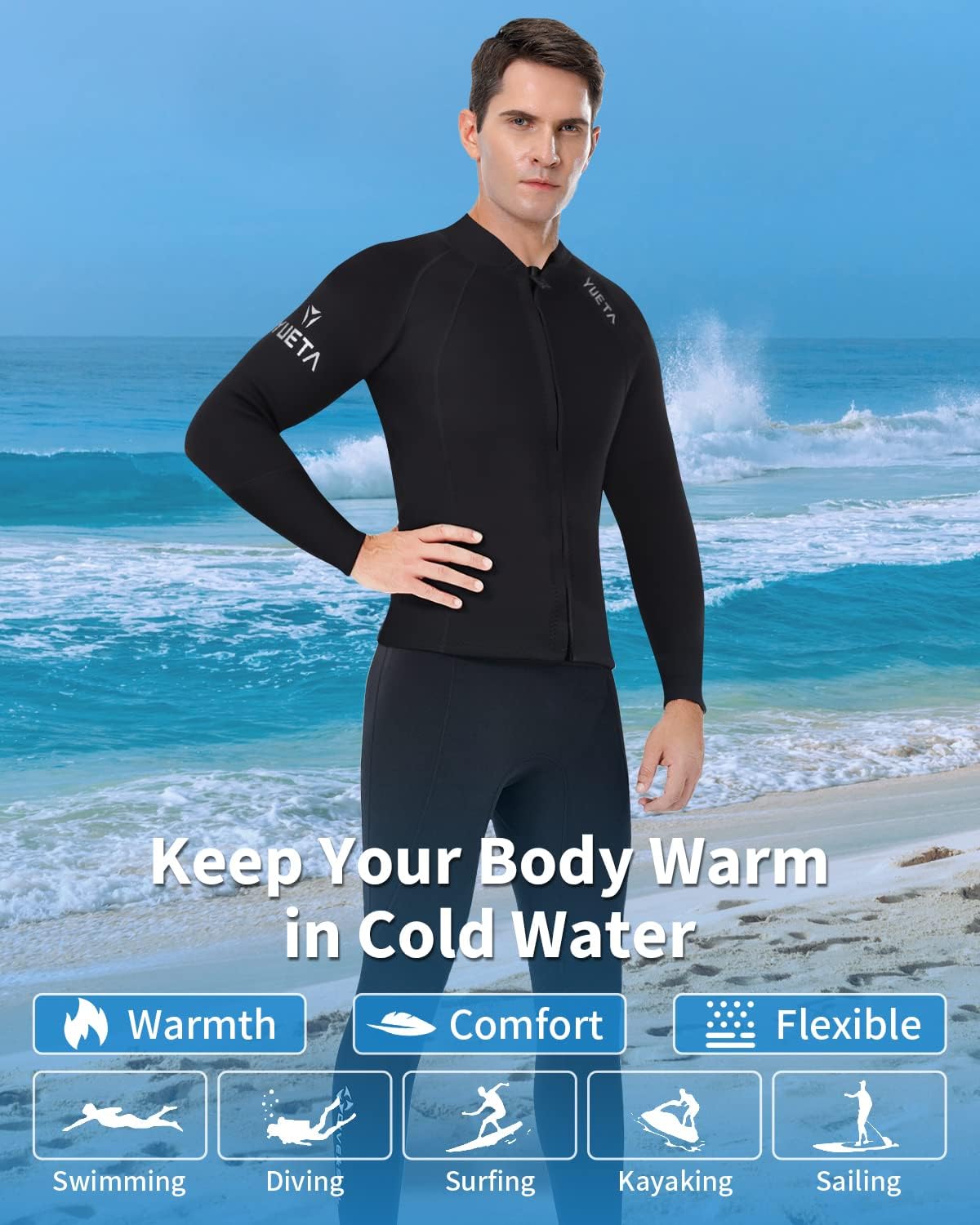 Wenlia Mens Wetsuits Top  2mm Neoprene Jacket  Ultra Stretchy & Warmth  Easy Entry Front Zip – YKK  Surfing Snorkeling – All Watersports
