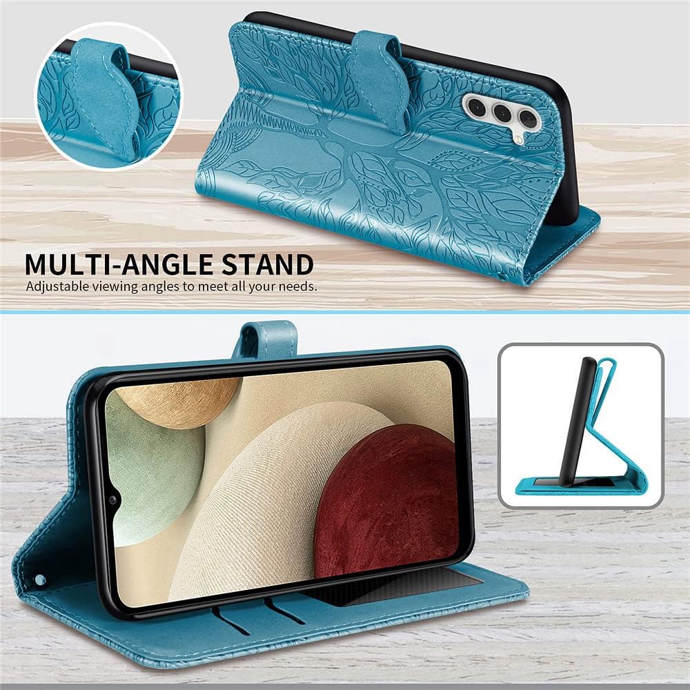 ROPIGO Funda tipo cartera para Samsung Galaxy A14 5G, piel sintética de alta calidad con diseño de árbol en relieve, función atril, ranuras para