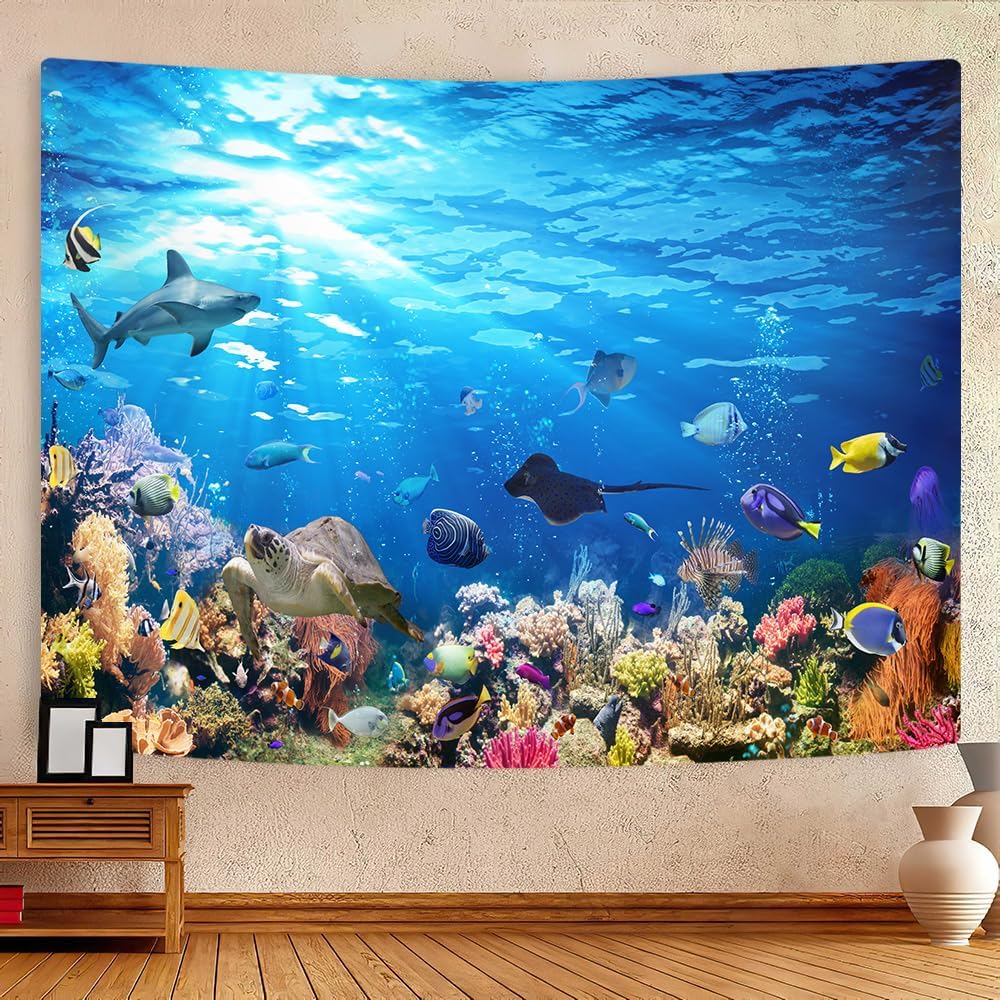 Emwnodti Tapiz de mundo de olas oceánicas azules, tapiz para colgar en la pared, vida marina y arrecife de coral para la educación de los niños,