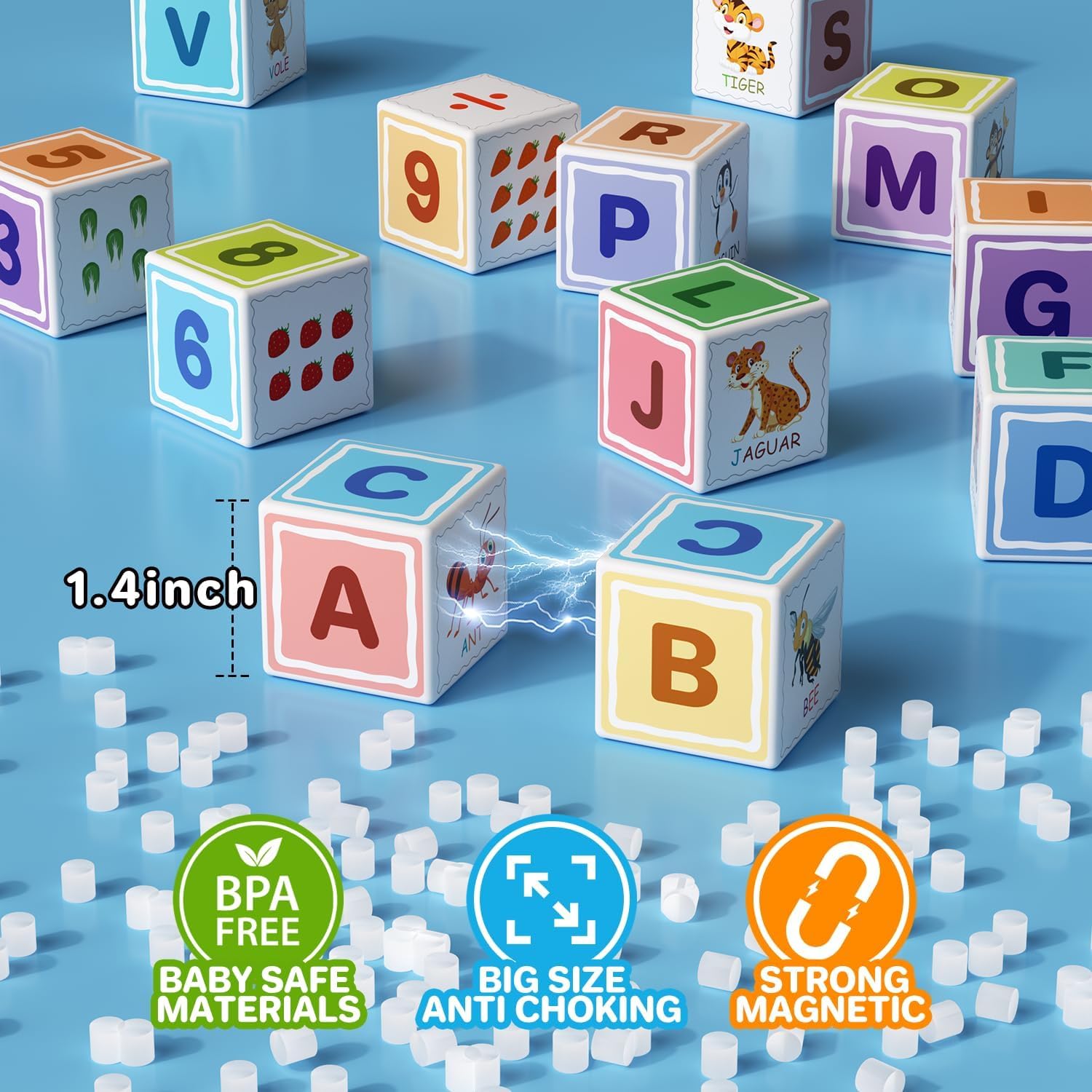 ABC 123 Bloques de construcción para niños pequeños, juguetes sensoriales de cubo magnético, aprendizaje preescolar del alfabeto, número y animales,