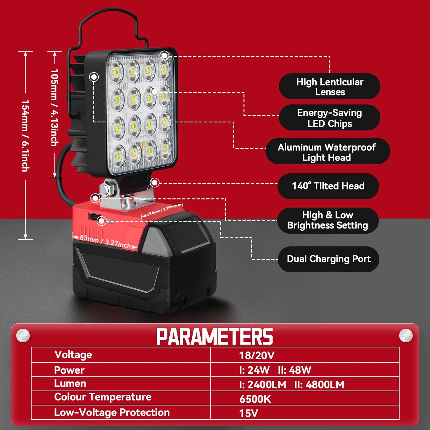 Luz de trabajo LED inalámbrica para batería Milwaukee M18, LIVOWALNY 48W 48000LM Luz de inundación de batería de 4 pulgadas para luz M18 con puerto