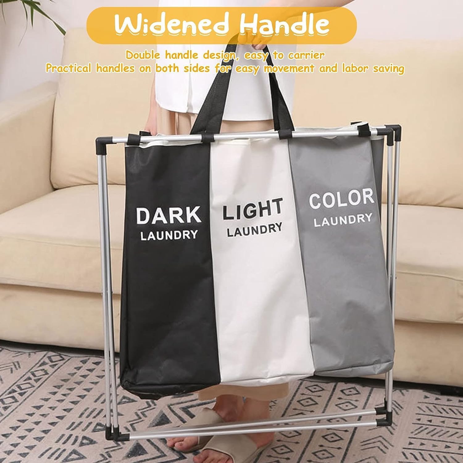 Cesta de lavandería mejorada de 136 litros, clasificadora de 3 secciones, impermeable y plegable, bolsa de almacenamiento para ropa sucia, juguetes,