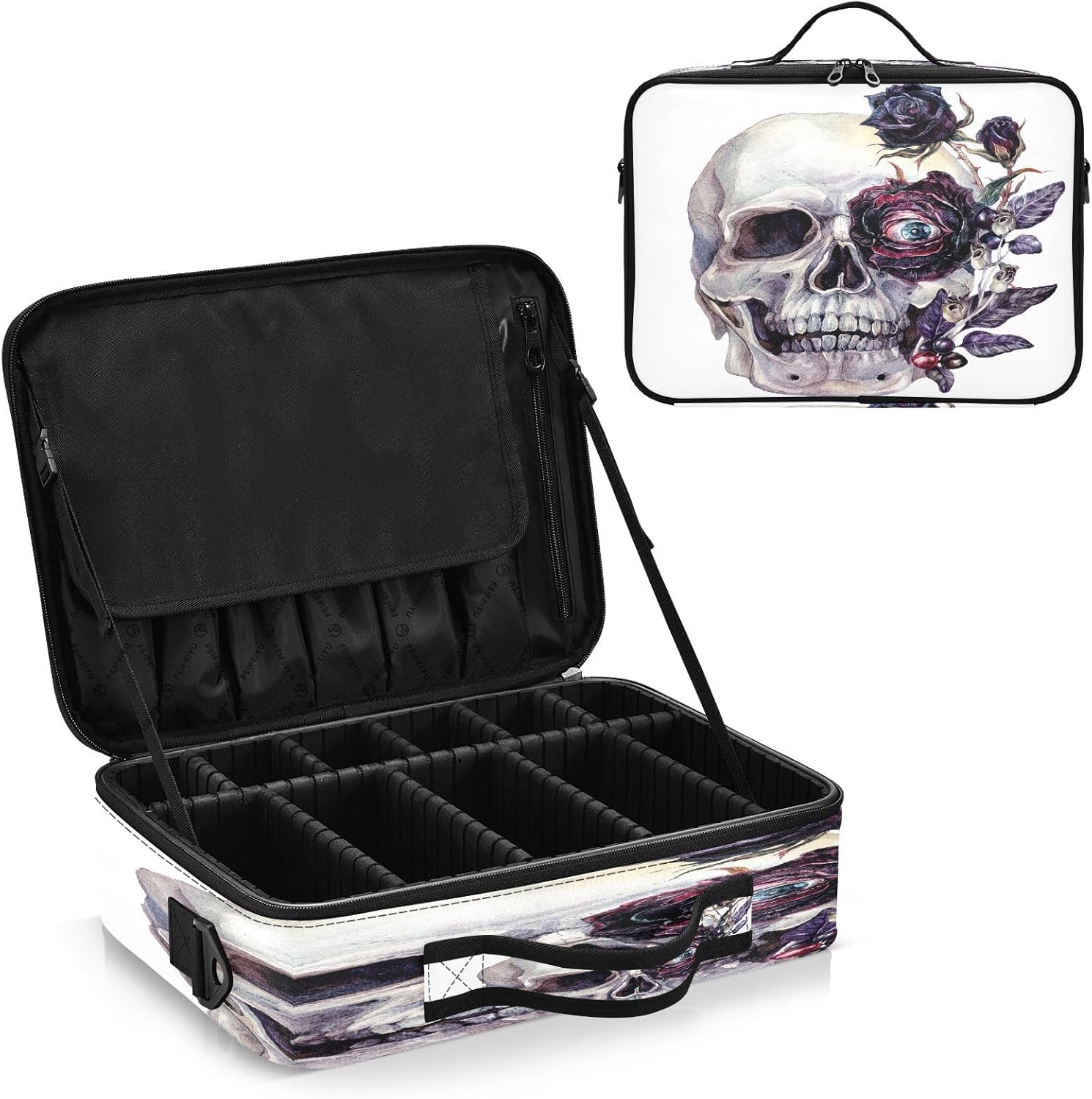 Skull Happy Halloween Evil Eye Bolsa de cosméticos negra de gran capacidad para artículos de tocador de viaje, bolsas de maquillaje para mujeres,