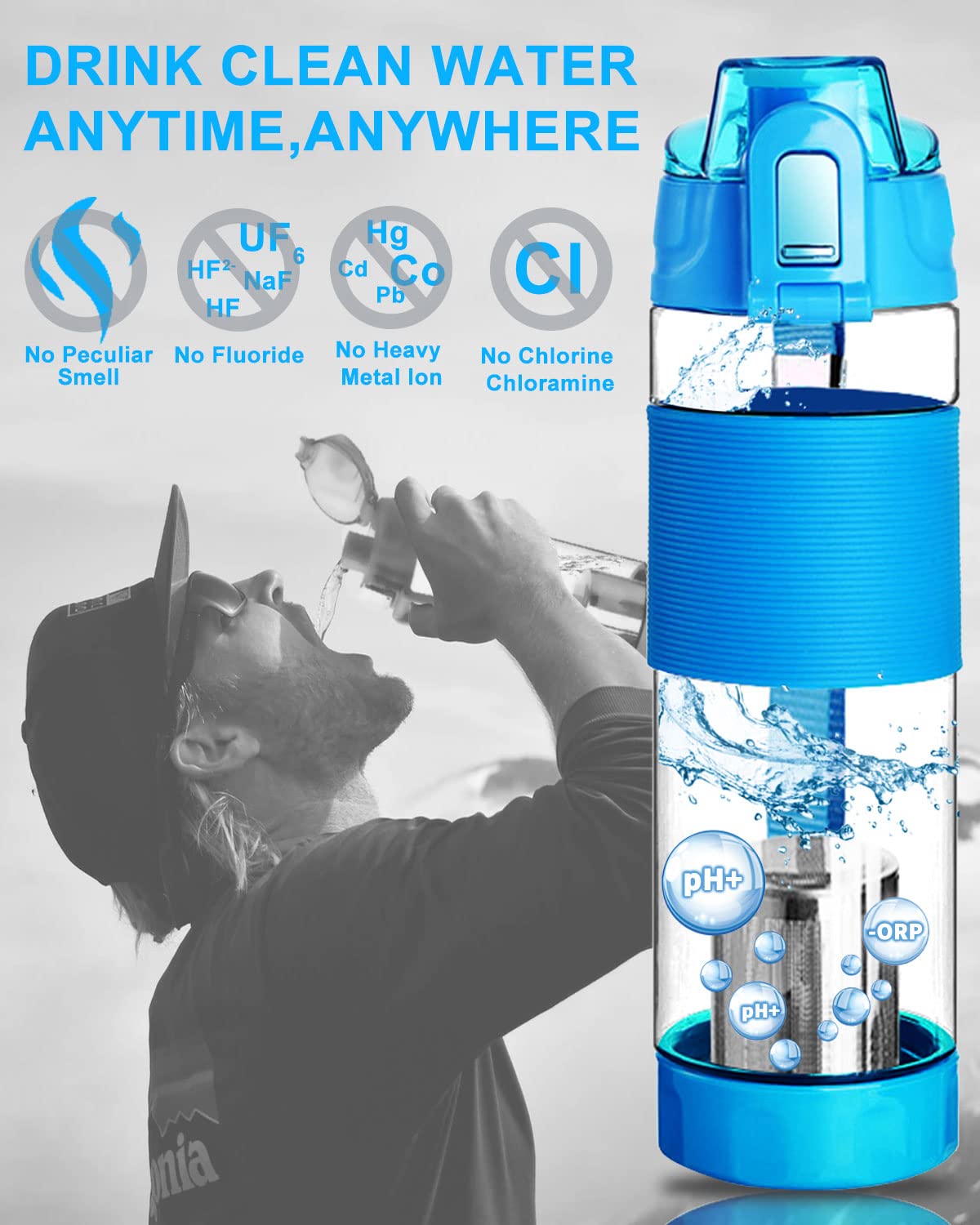 Botella de agua alcalina de 22 onzas con filtro de minerales filtrados para reducir ORP Ph filtro de agua alcalina 9.5, botella de filtro de agua