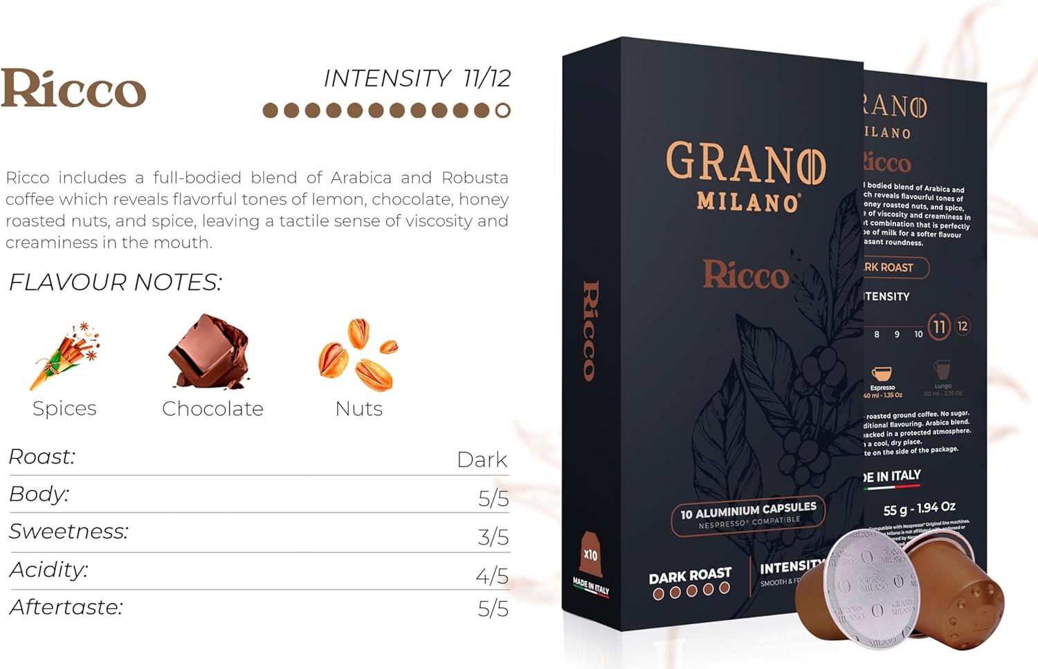 Grano Milano Coffee Pods Aluminium Ricco – 100 cápsulas de café tostado oscuro – Intensidad 1112, compatible con Nespresso* Línea original Made in