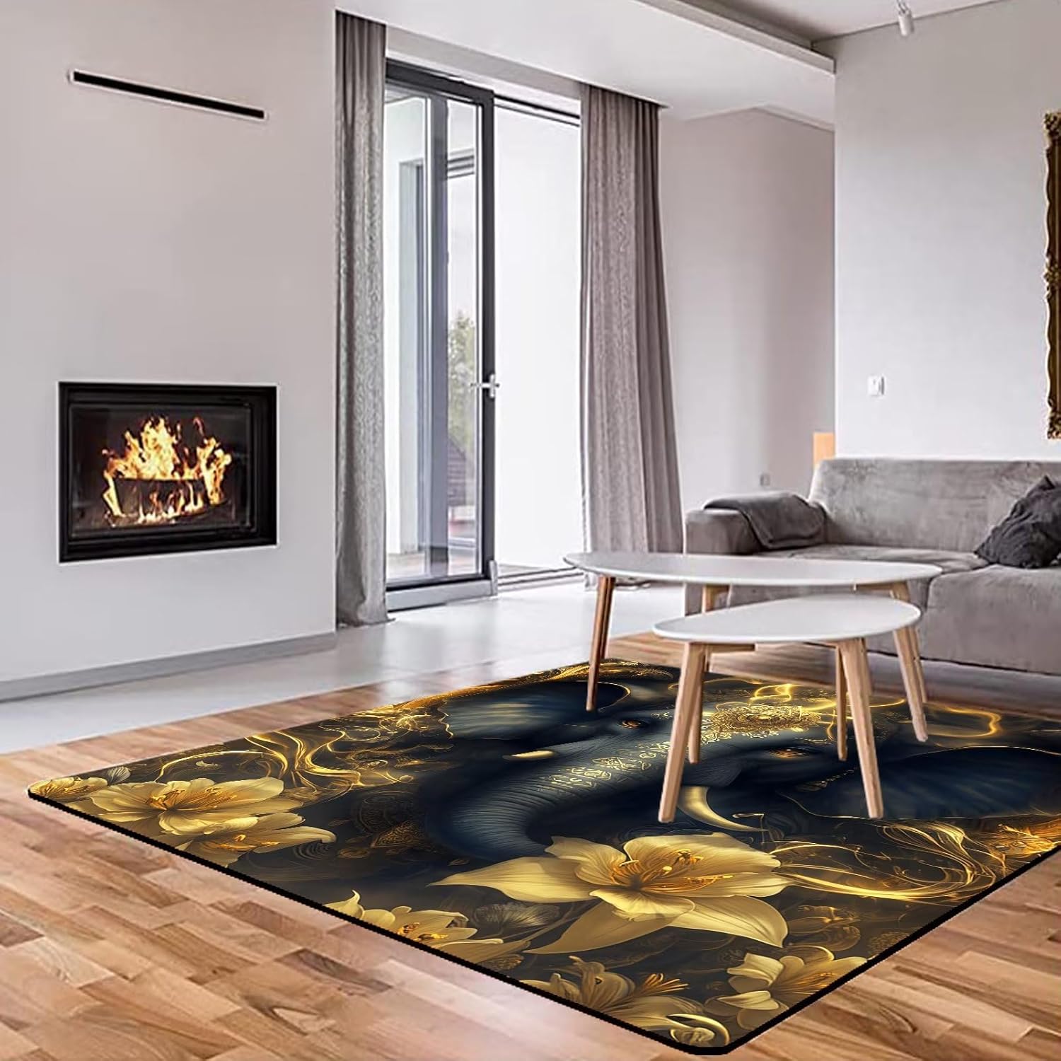 Alfombra de elefante africano, alfombra de flores doradas opulentas para sala de estar, dormitorio, oficina, antideslizante, lavable, tapete para