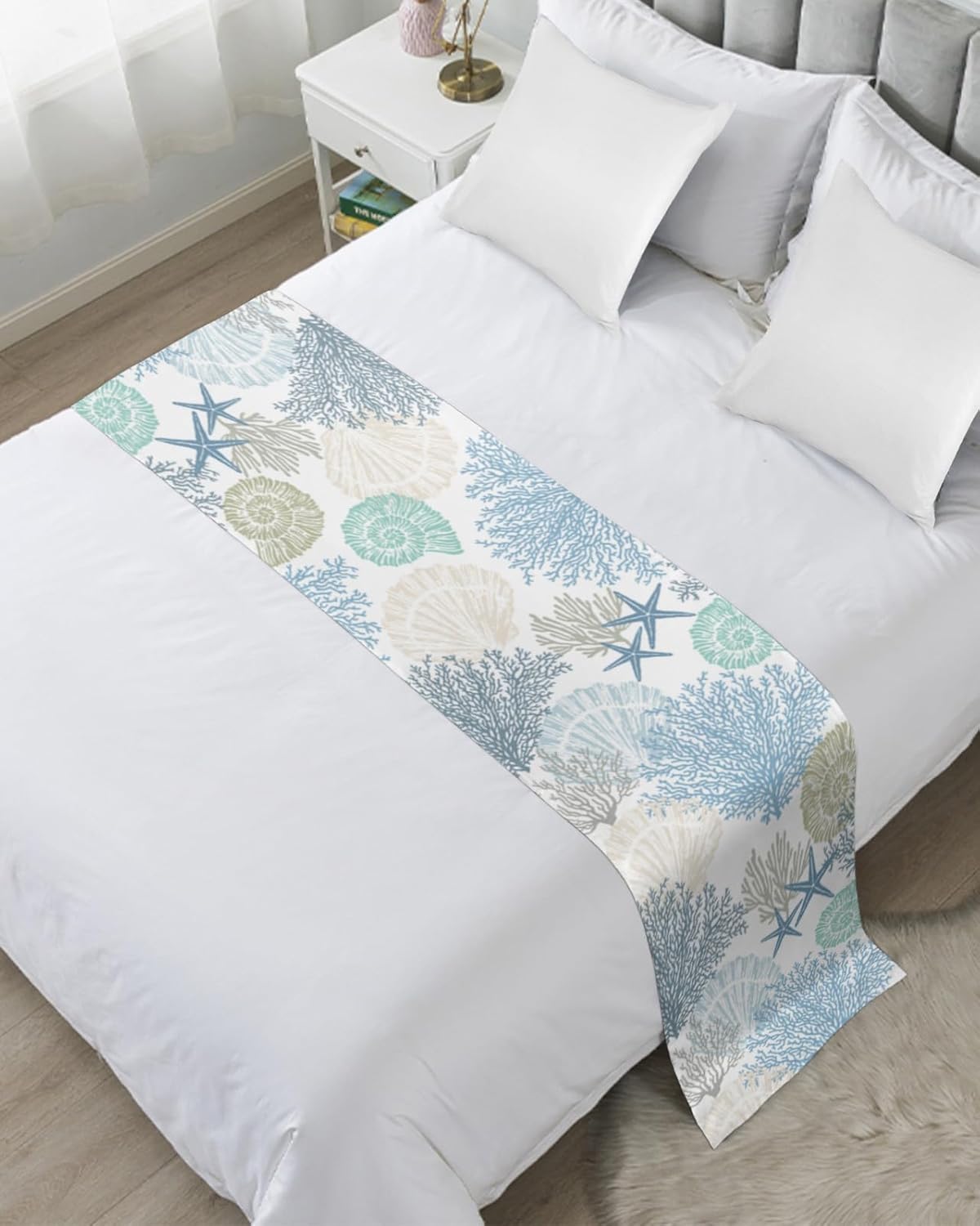 Caminos de cama azul y verde azulado coral para cama tamaño Queen, mantas de cama para pie de cama, playa de verano, estrellas de mar, costero,