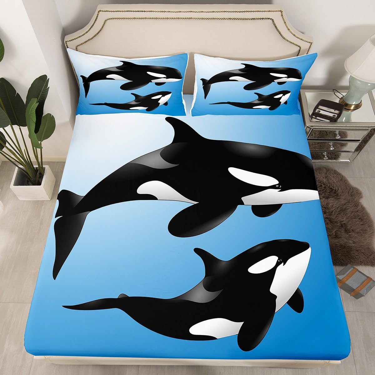 Juego de sábanas de ballena oceánica, juego de ropa de cama de orcas con animales de mar profundo, juego de sábanas hawaianas con bolsillo profundo