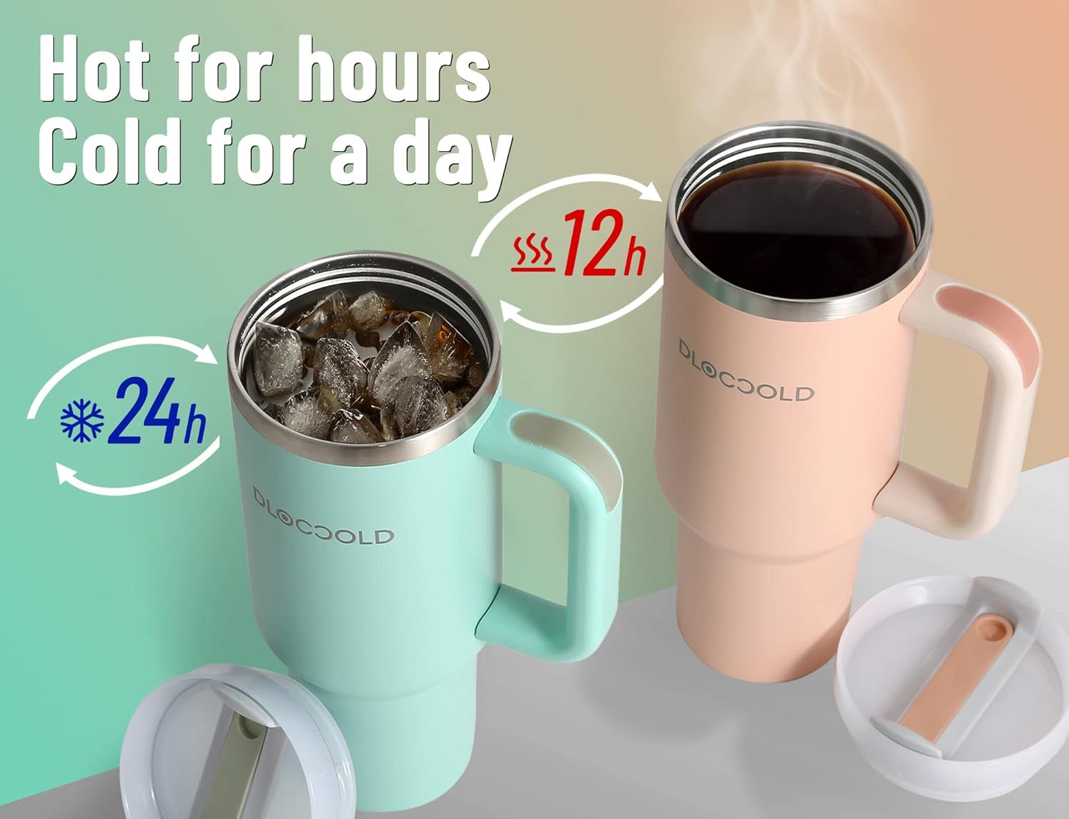 DLOCCOLD Vaso de acero inoxidable de 40 onzas con asa, vaso aislado con tapa y pajita, soporte para taza de viaje, vaso grande reutilizable para