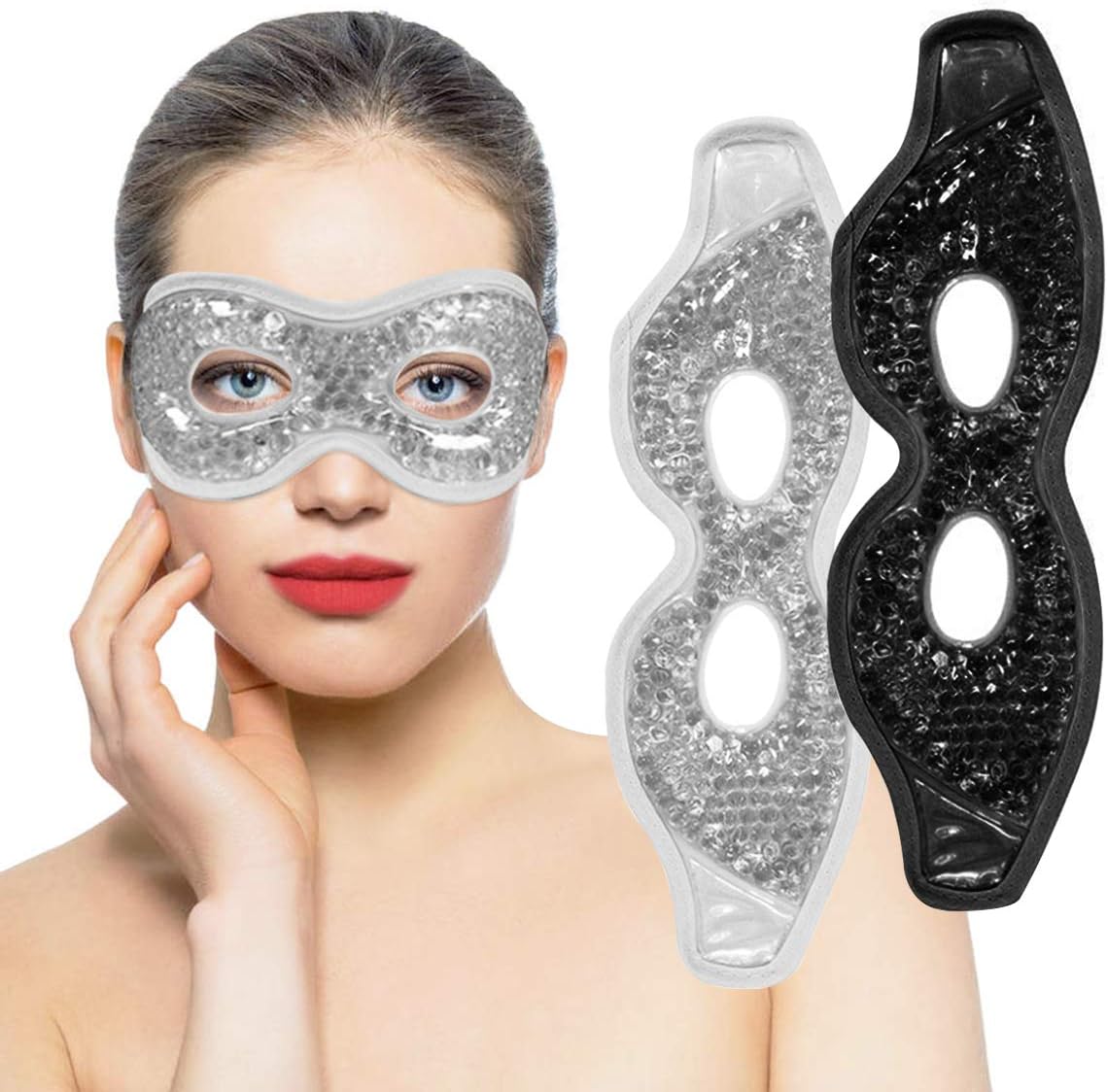 Ruzzut Máscara de gel refrescante con agujeros para los ojos, 2 paquetes de cuentas de gel para ojos hinchados e hinchazón, reutilizable, terapia