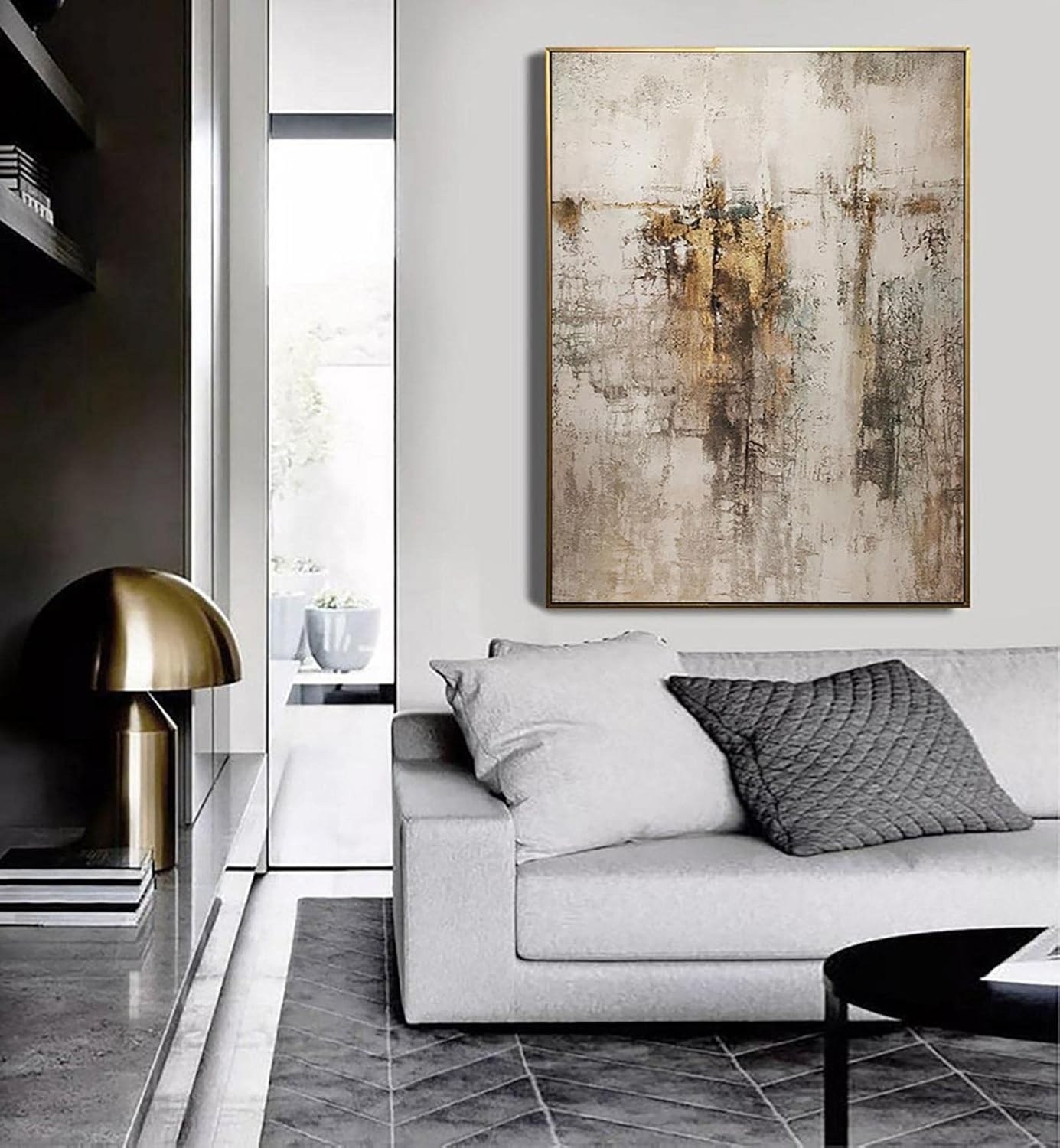 Pintura de arte abstracto grande beige dorado marrón para sala de estar, pintura gris beige, arte de pared escandinavo, decoración del hogar, 14 x