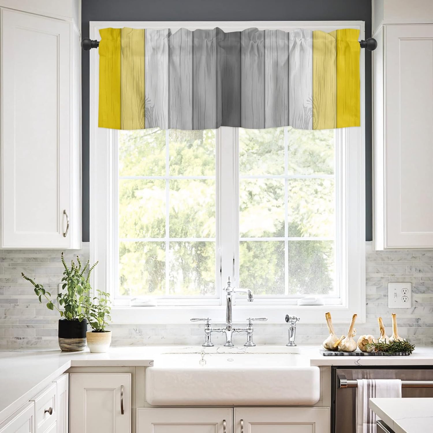 Cortina de cenefa para ventana, retro, rayas amarillas y grises, cenefa de ventana con bolsillo para barra, cenefa de ventana para cocina, sala de