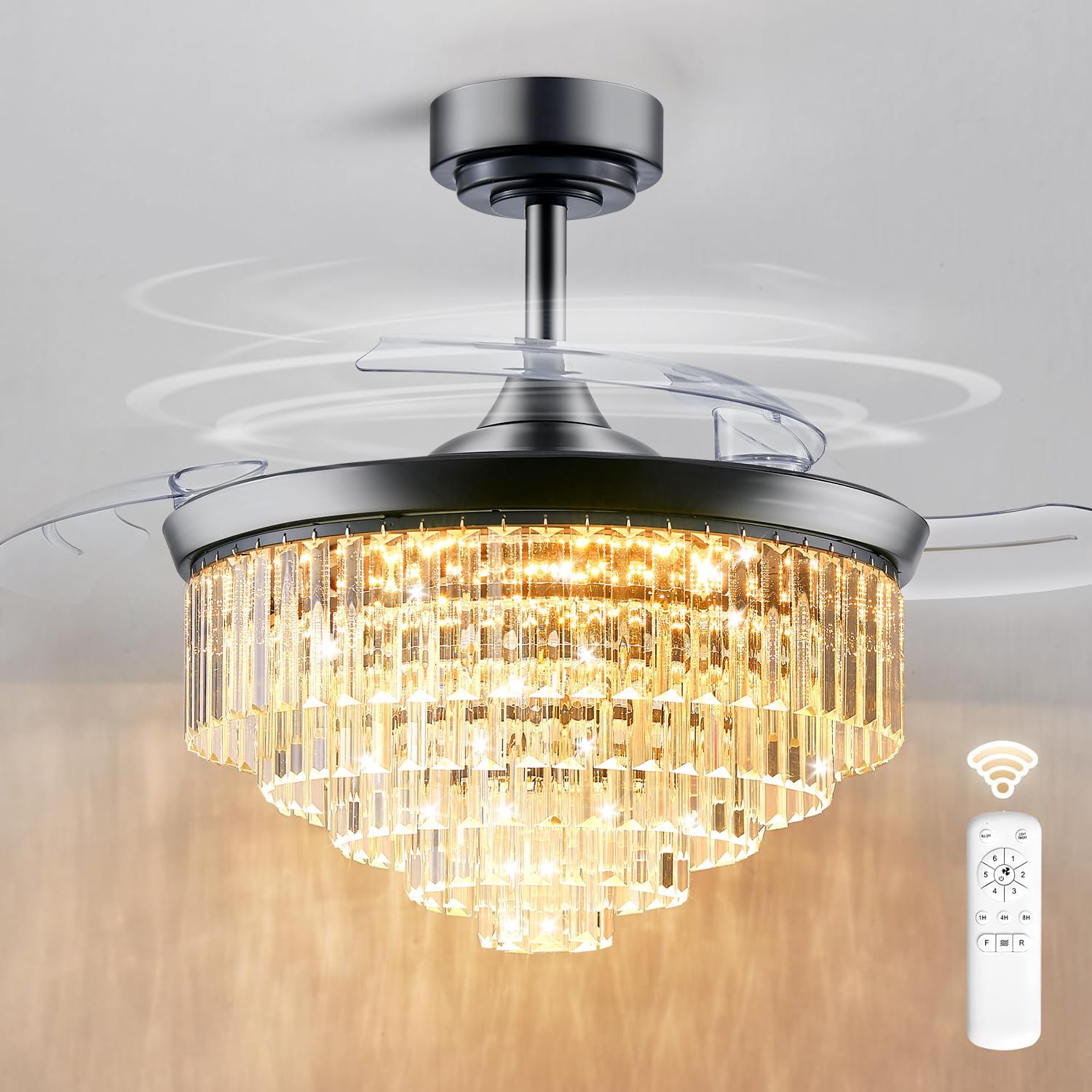 XINSHUO Ventiladores de techo con luces de control remoto 42 pulgadas, luz de ventilador de cristal regulable con 3 cuchillas retráctiles 3