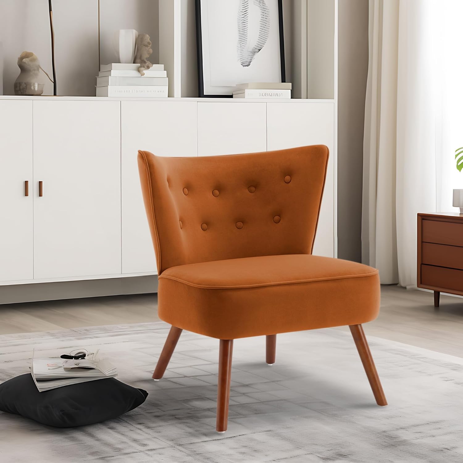 RUOVU Silla decorativa de terciopelo moderna de mediados de siglo, silla de sala de estar sin brazos con patas de madera, silla de club con respaldo