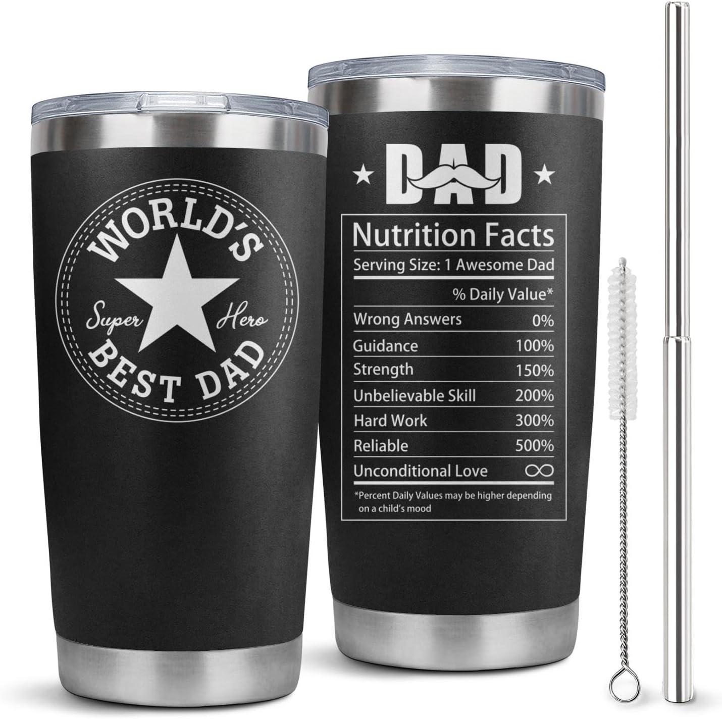 Regalos para papá, vaso de 20 onzas con tapa y popote aislado, reutilizable, de acero inoxidable, regalo de cumpleaños del mundo para el mejor papá