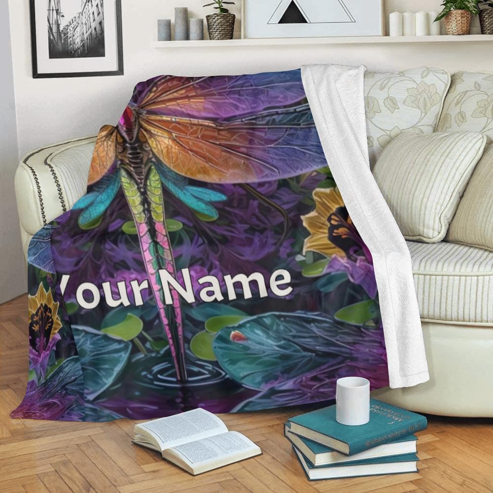 Manta personalizada con texto del nombre, manta personalizada de libélula de forro polar súper suave para sofá, cama (50 x 60 pulgadas)
