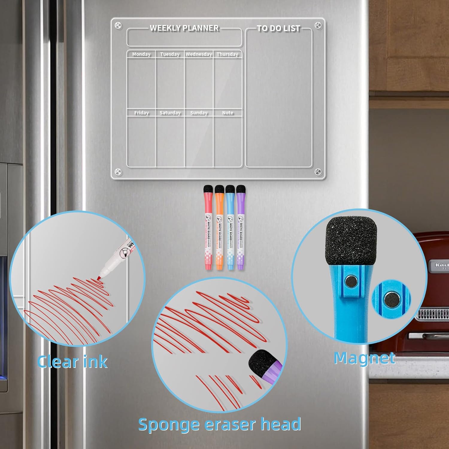 GOLIFE Calendario acrílico magnético para refrigerador, calendario de pizarra de borrado en seco para refrigerador, planificador reutilizable,