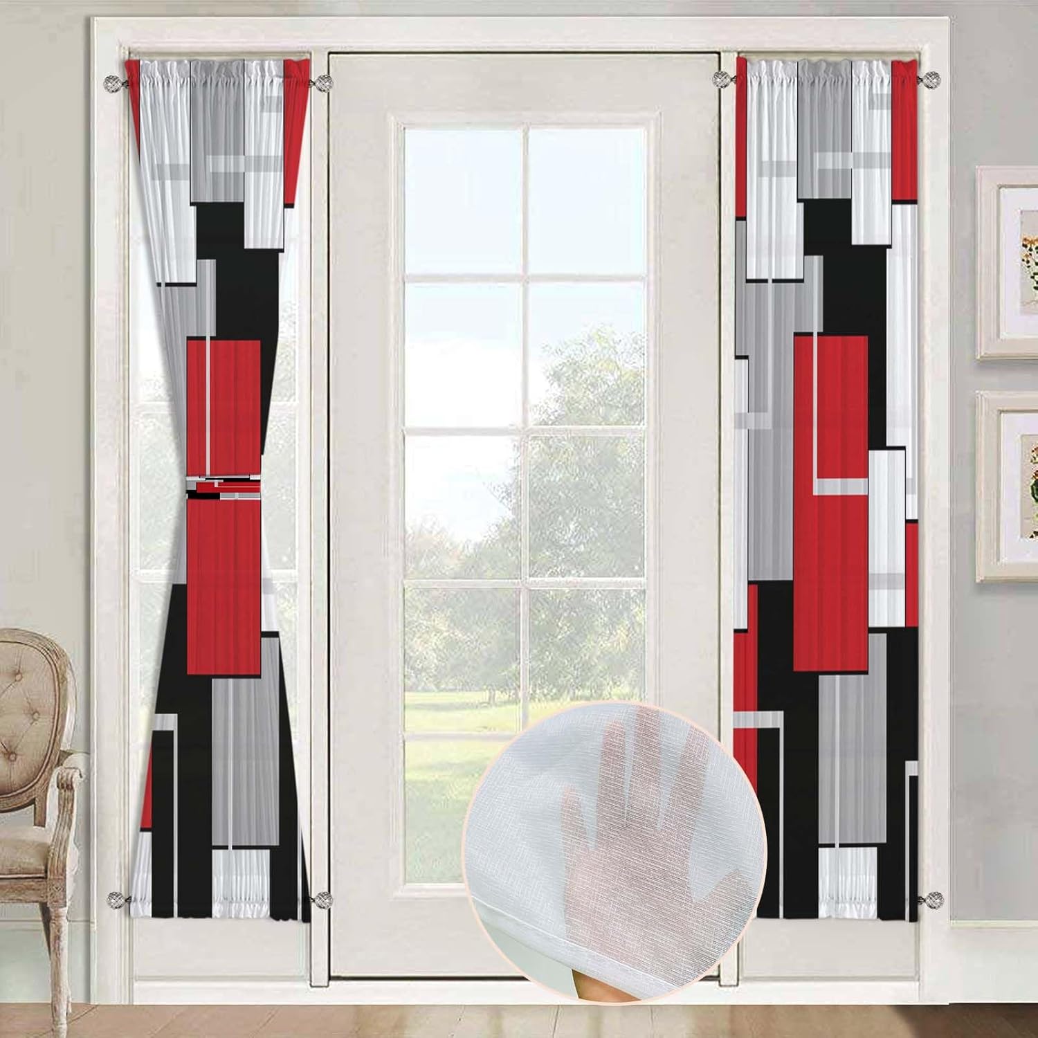 ULQUISNCE Cortinas traslúcidas rojas para ventana de puerta, cortinas geométricas negras semitransparentes para puerta francesa con patrones