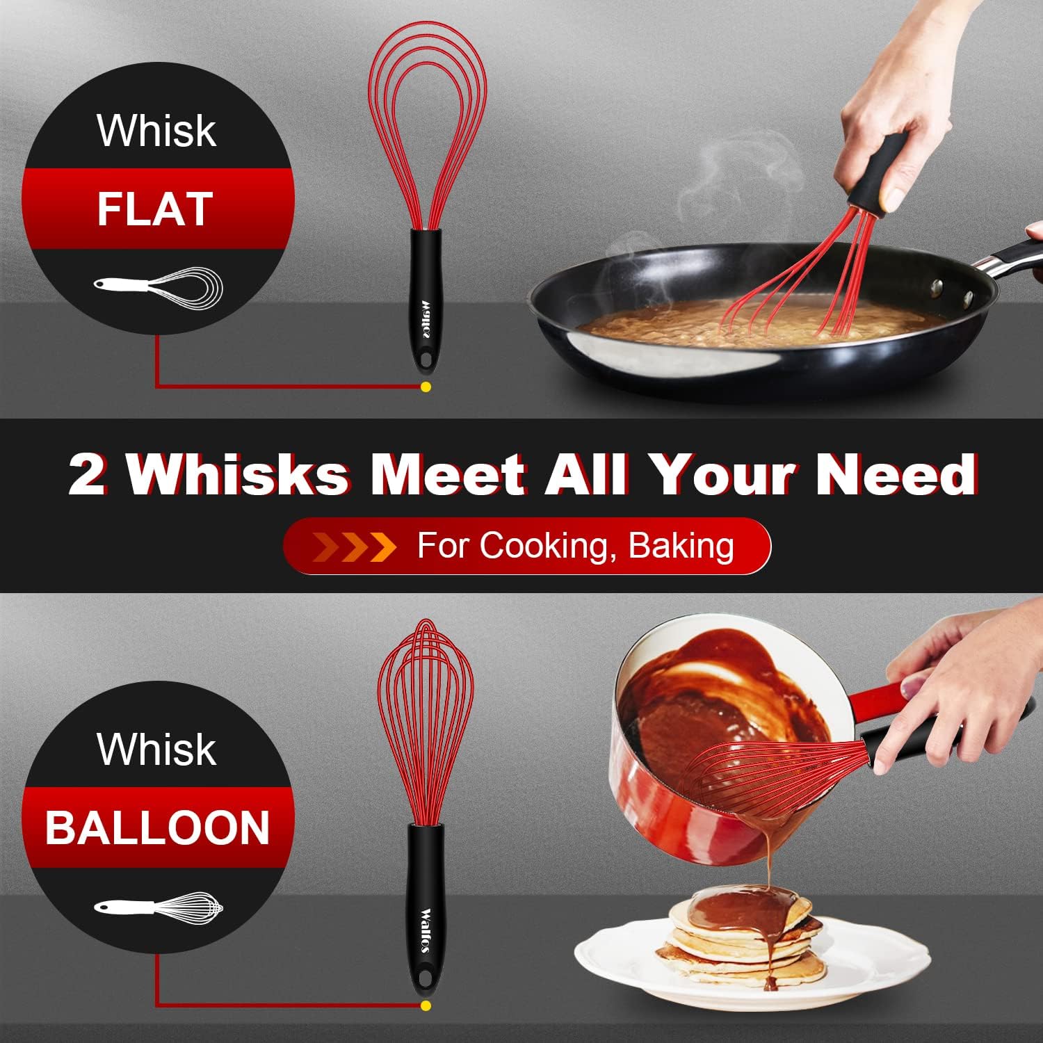 Walfos – Juego de batidor de globos de silicona, batidor plano de 11 pulgadas y juego de Wisk de globos de 7 pulgadas + 9 pulgadas + 11 pulgadas
