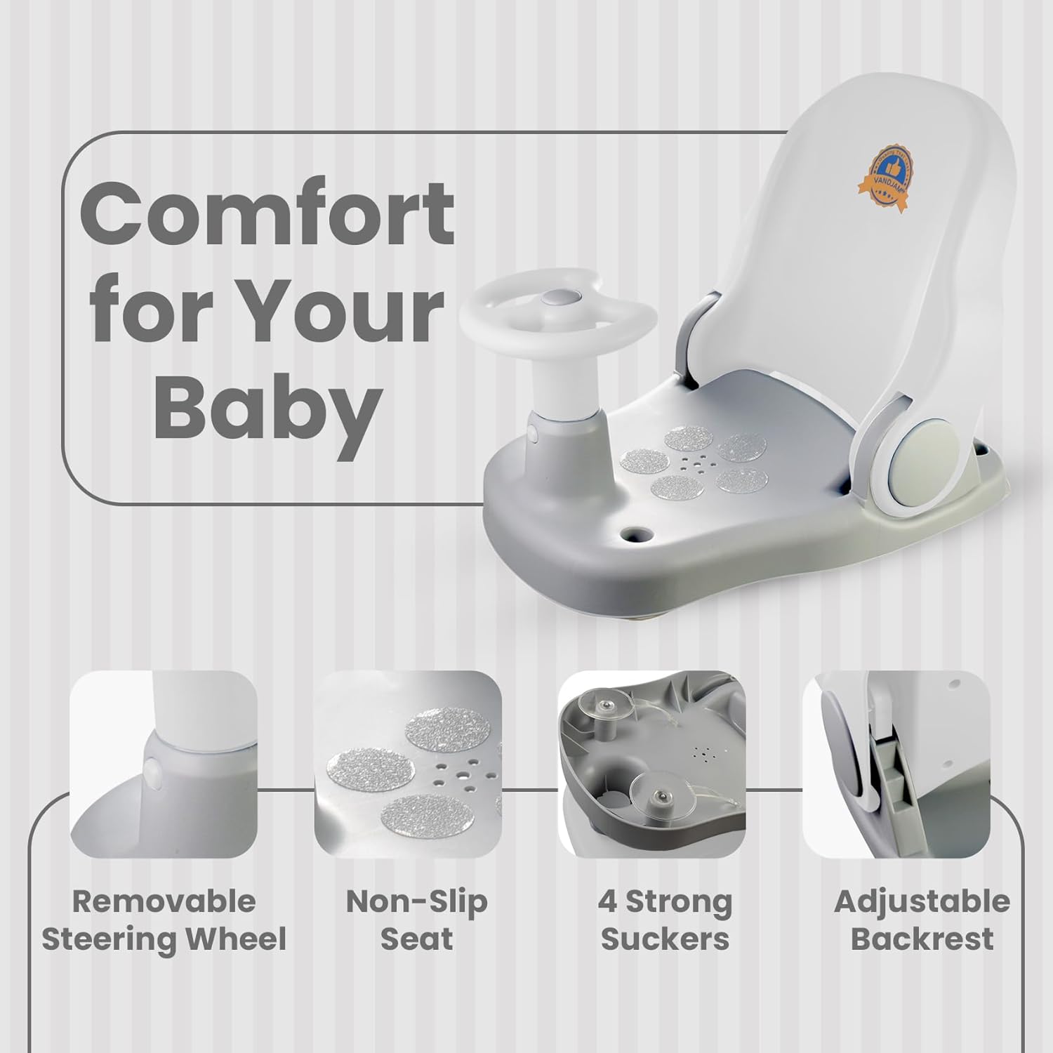 Asiento de baño para bebé con almohadilla de espuma para rodilleras, termómetro y juguete de baño, silla de baño para bebé, silla de ducha para