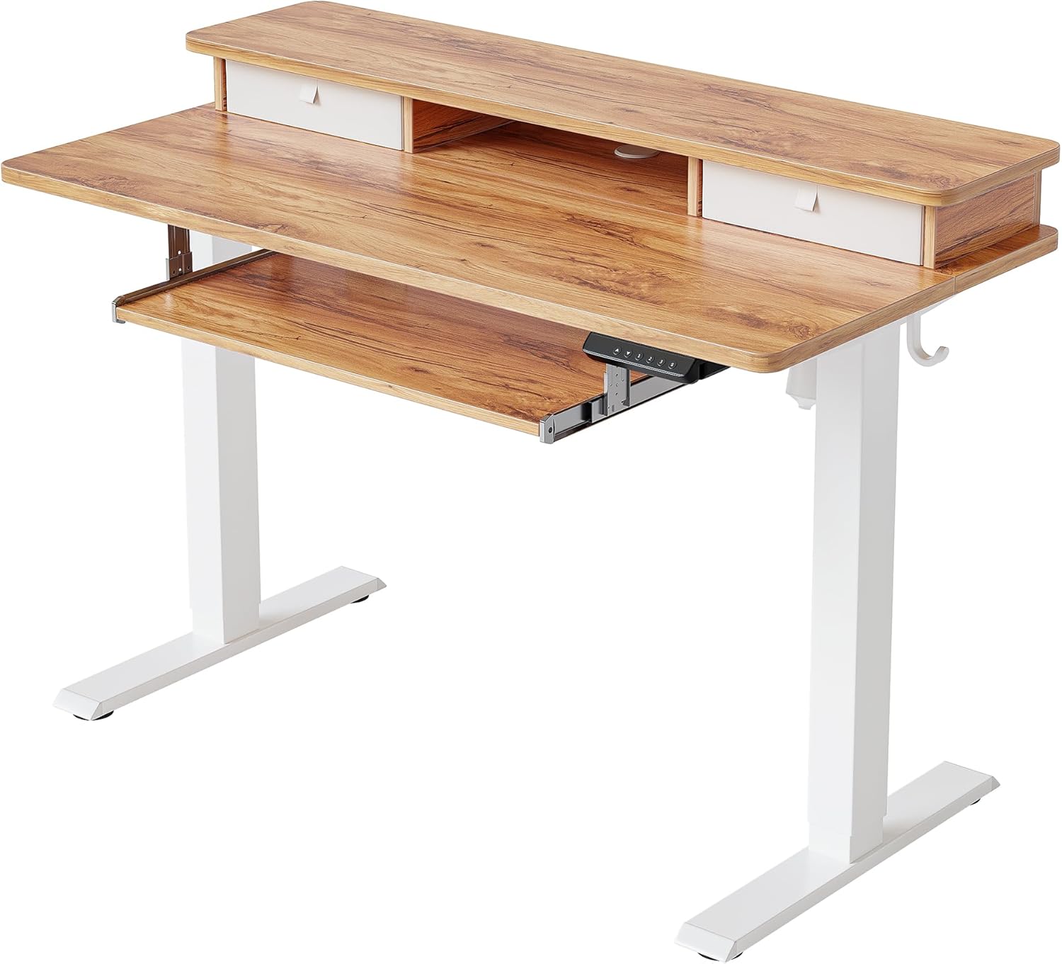 FEZIBO Escritorio eléctrico de pie ajustable en altura con bandeja para teclado, mesa de pie de 48 x 24 pulgadas con estante de almacenamiento,