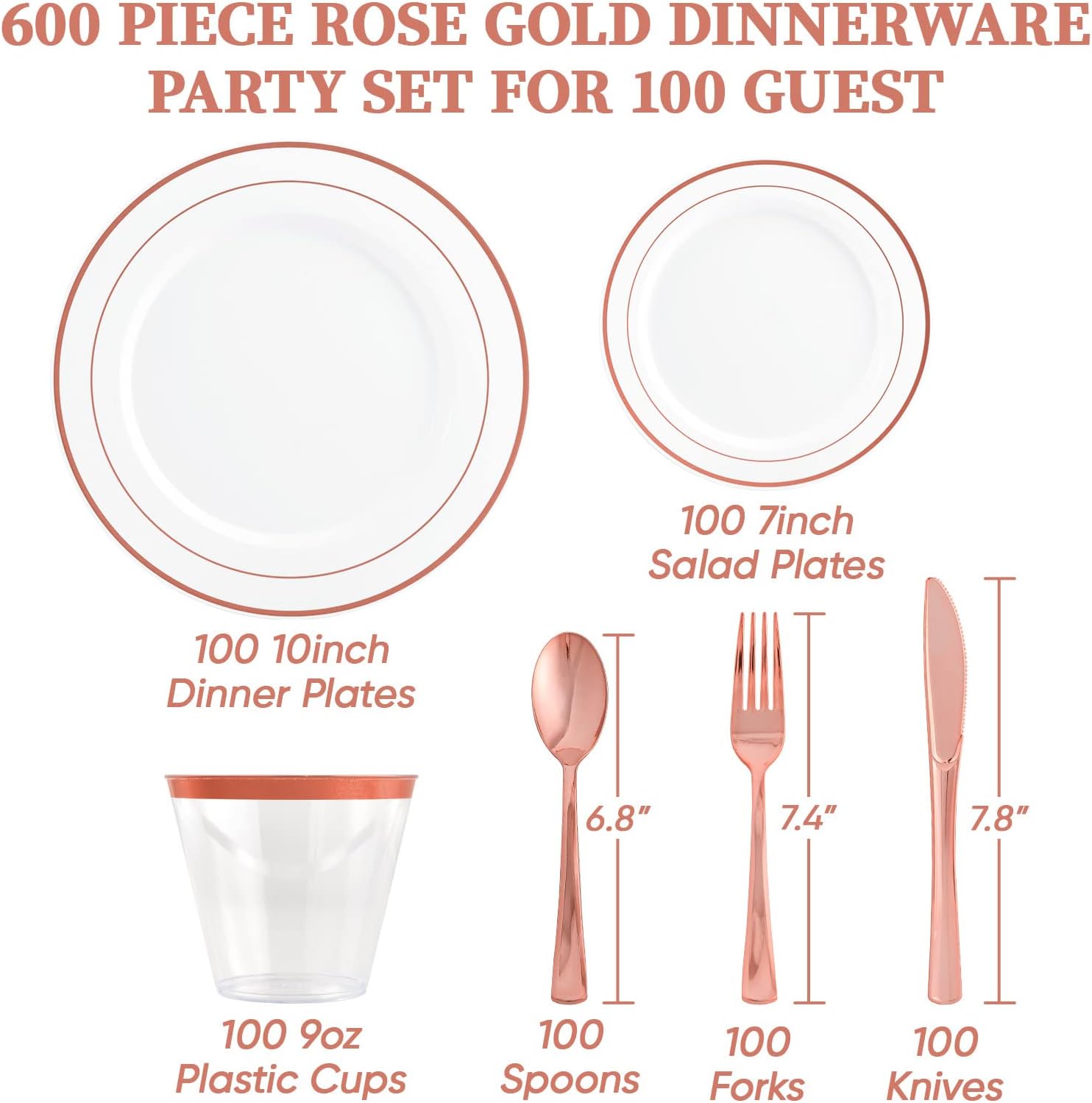 Juego de vajilla desechable de 700 piezas de oro rosa para 100 invitados, platos de plástico con borde de oro rosa, 100 platos llanos, 100 platos de