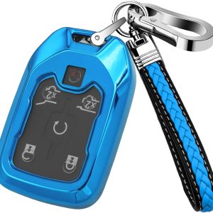 Funda para llavero GMC, carcasa de TPU suave con llavero de cuero para GMC Sierra Terrain Acadia Yukon accesorios, azul Funda para llavero GMC, carcasa de TPU suave con llavero de cuero para GMC Sierra Terrain Acadia Yukon accesorios, azul