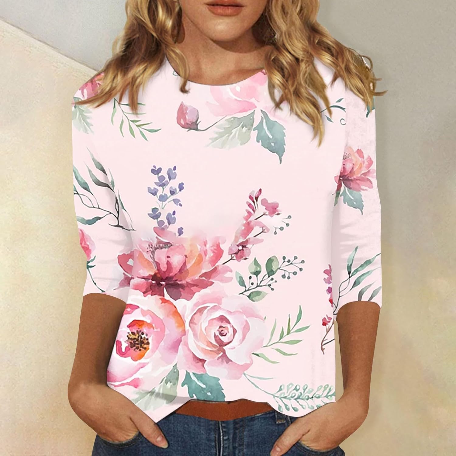 Camisetas personalizadas para mujer, a la moda, casual, de séptima manga, estampada, cuello redondo, camiseta