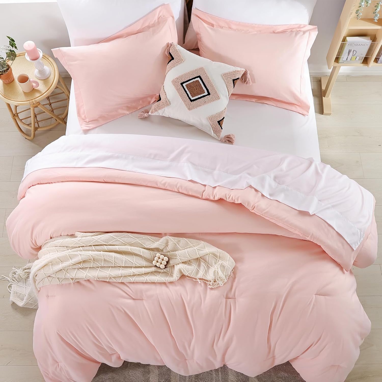 Juego de edredón de tamaño King de 7 piezas, juego de edredón de cama en una bolsa, color liso, rosa, microfibra suave, juego de edredón King con