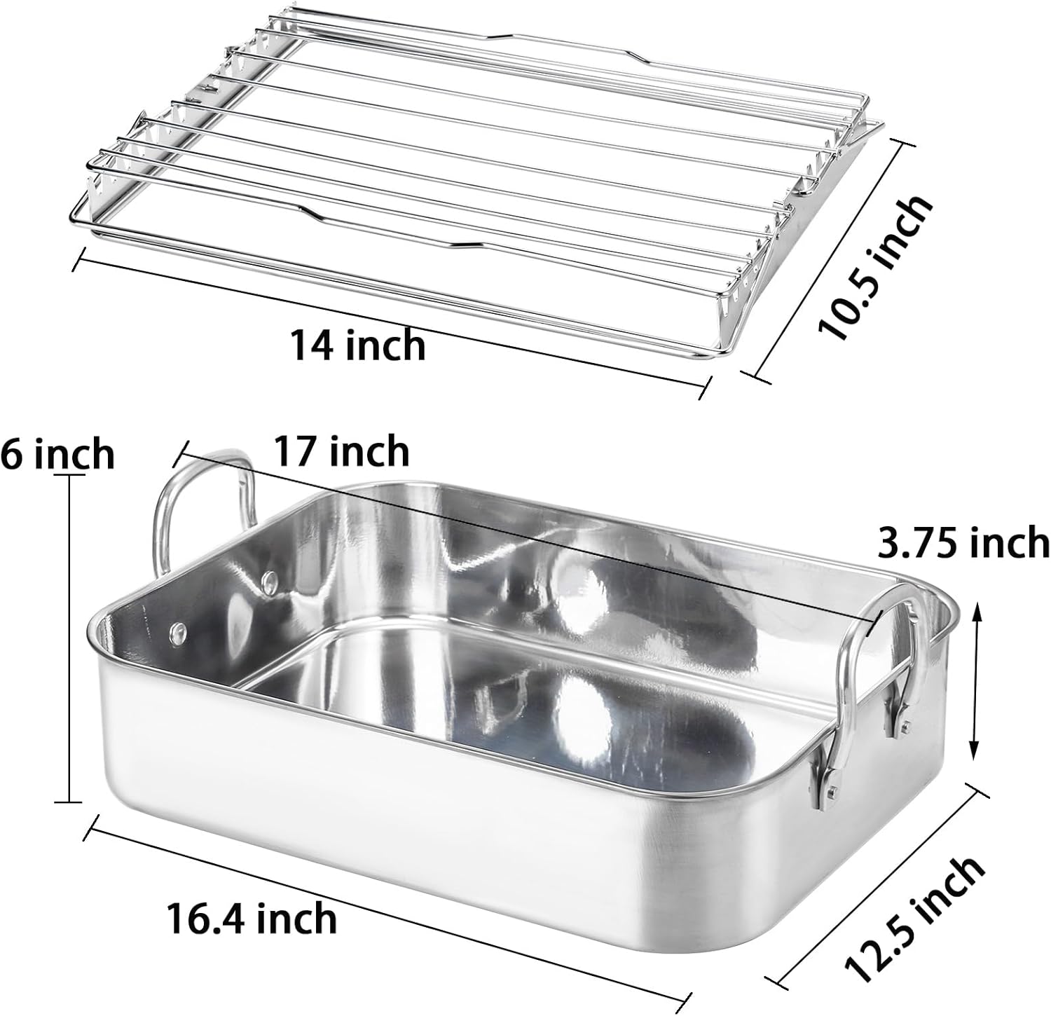 TOPZEA Sartén para asar de acero inoxidable con estante, sartén rectangular clásica de 16 pulgadas con parrilla y mango 2 en 1, sartén grande para