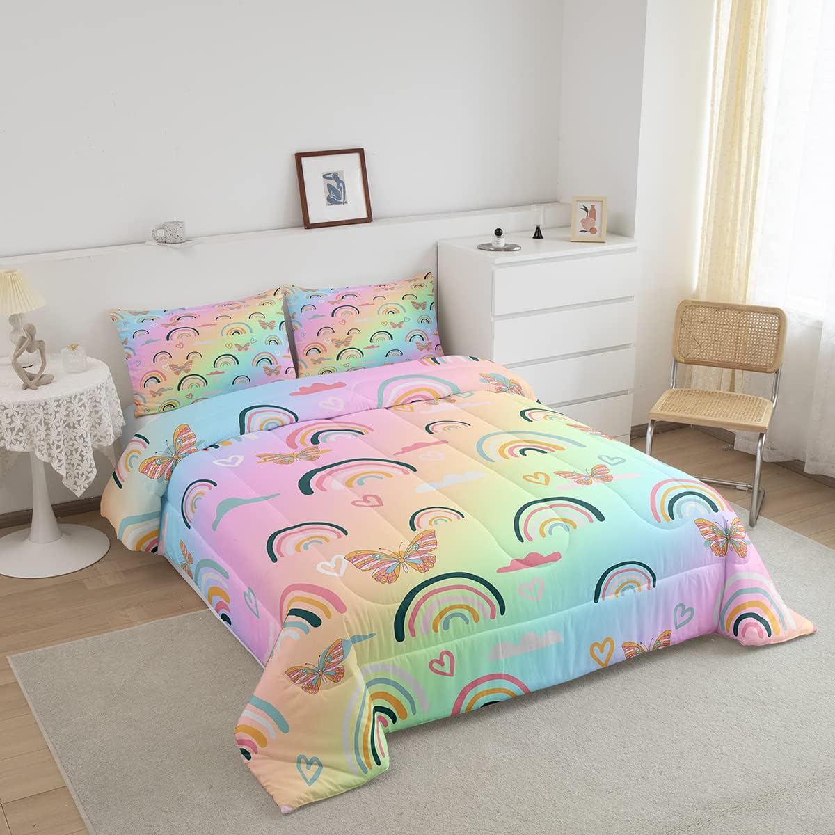 Juego de ropa de cama de arcoíris para niños y niñas, edredón de mariposas de dibujos animados, decoración de dormitorio, edredón acolchado de