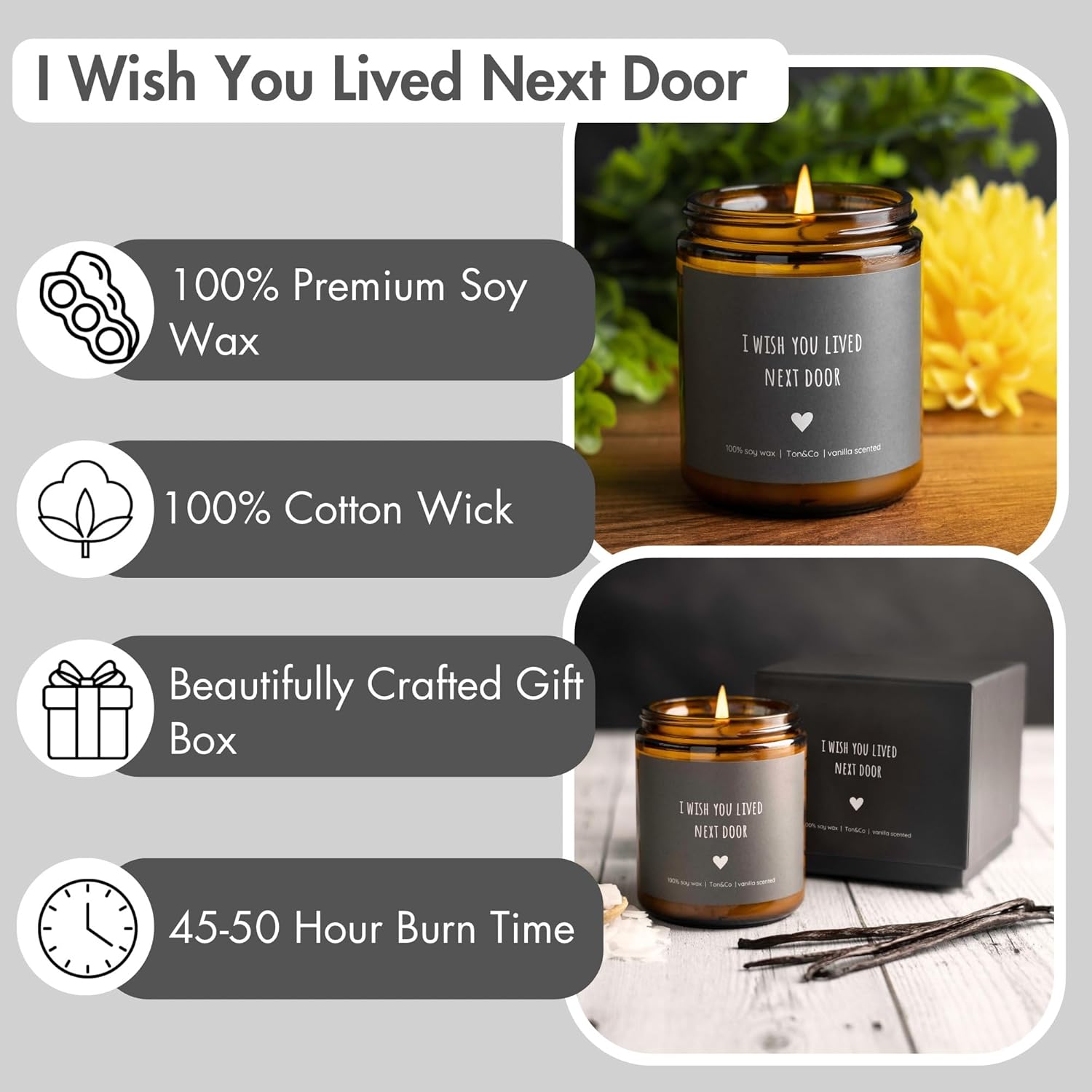 Vela de amistad con texto en inglés “I Wish You Lived Next Door”, regalos de cumpleaños para mujeres, mejores amigas, regalos de Thinking of You