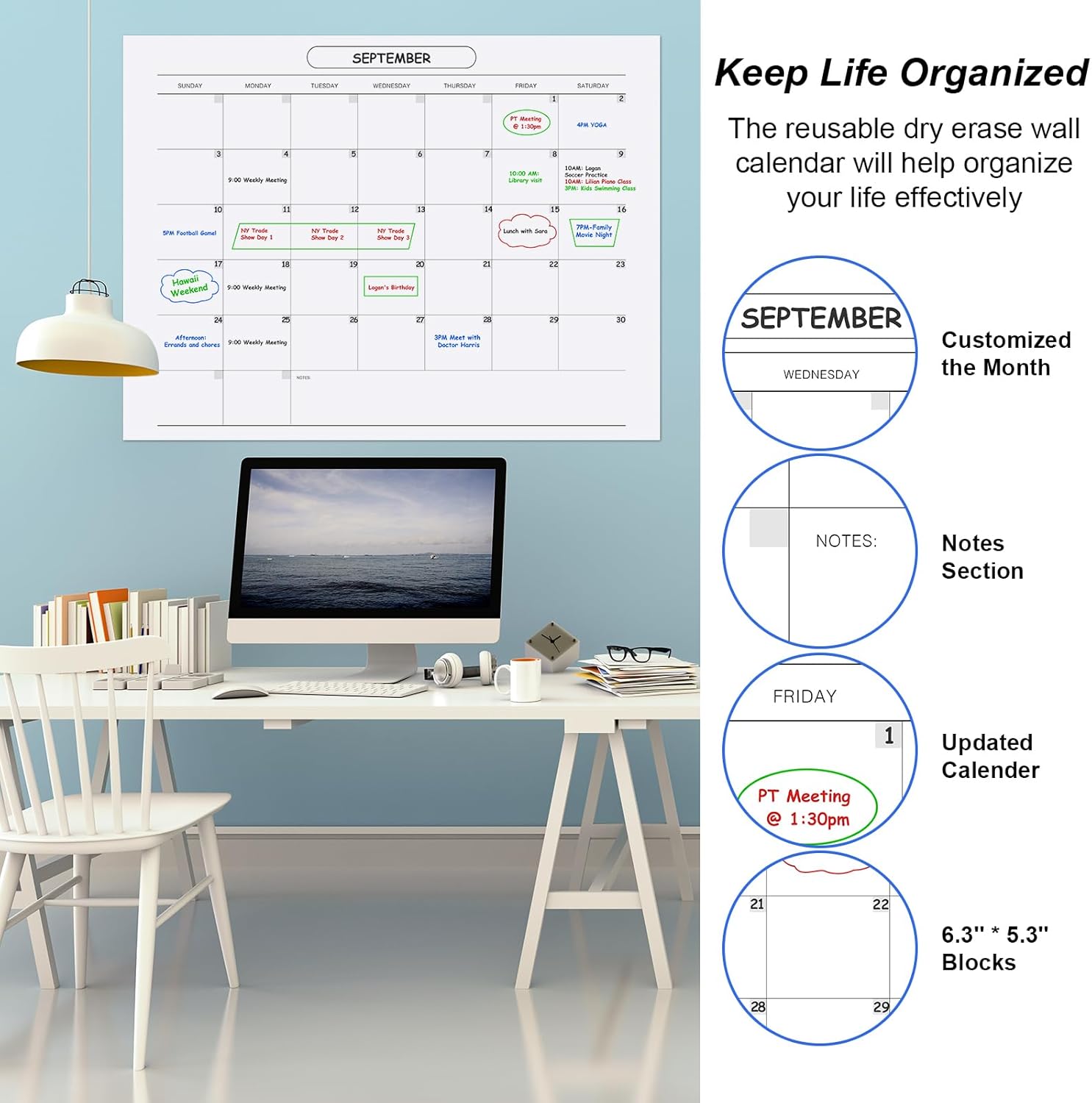 Calendario mensual de pared, calendario grande de borrado en seco y húmedo de 48 x 36 pulgadas para pared, calendario de pared sin fecha, calendario